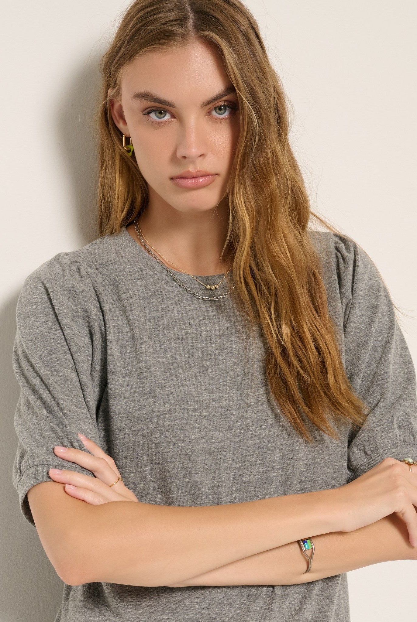 Heather Grey $|& SEAS Meadow Shirred Sleeve Tee - VOF Front