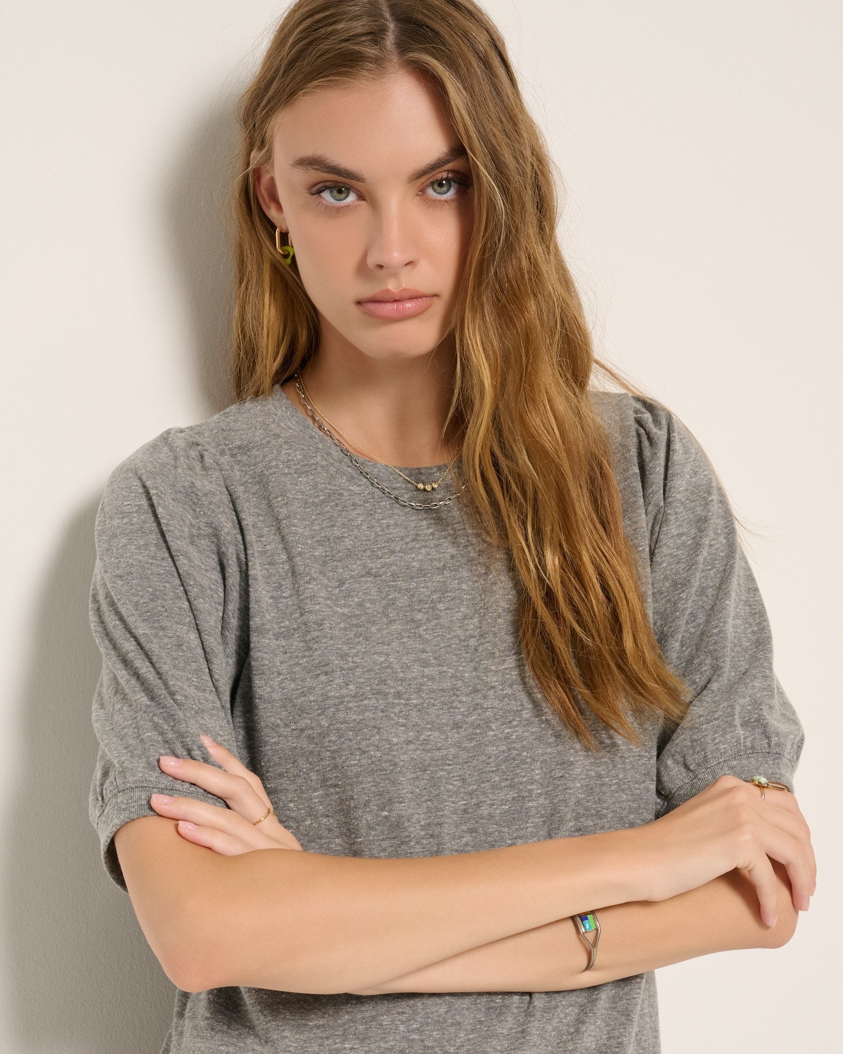Heather Grey $|& SEAS Meadow Shirred Sleeve Tee - VOF Front