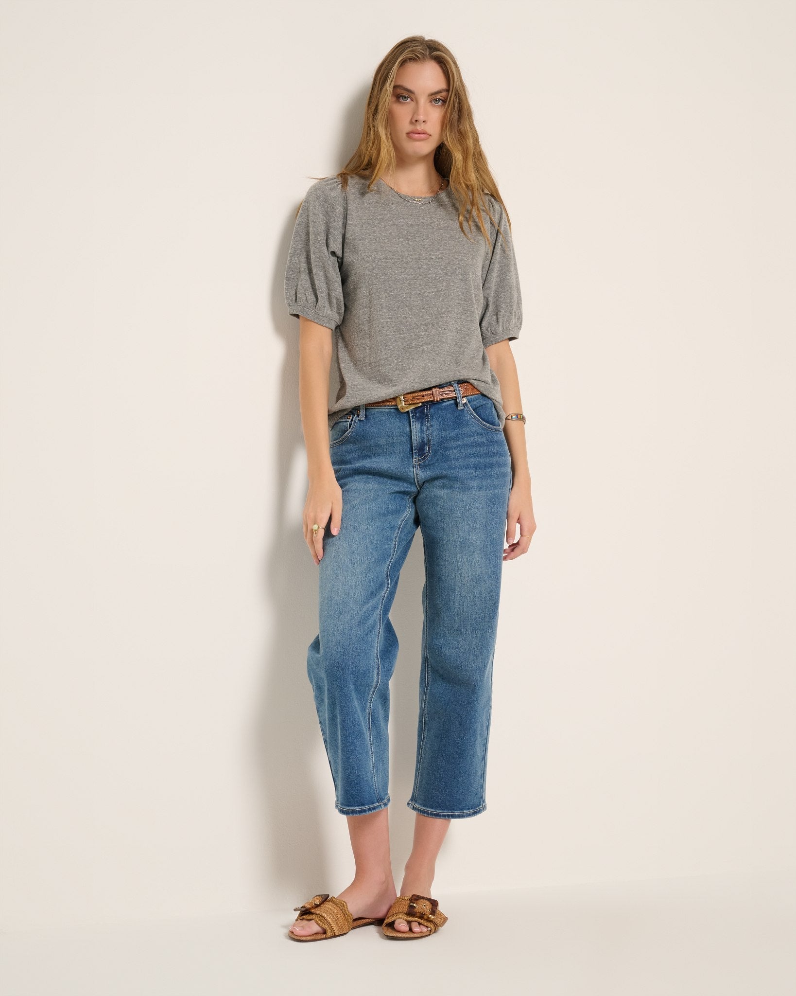 Heather Grey $|& SEAS Meadow Shirred Sleeve Tee - UGC On Fig