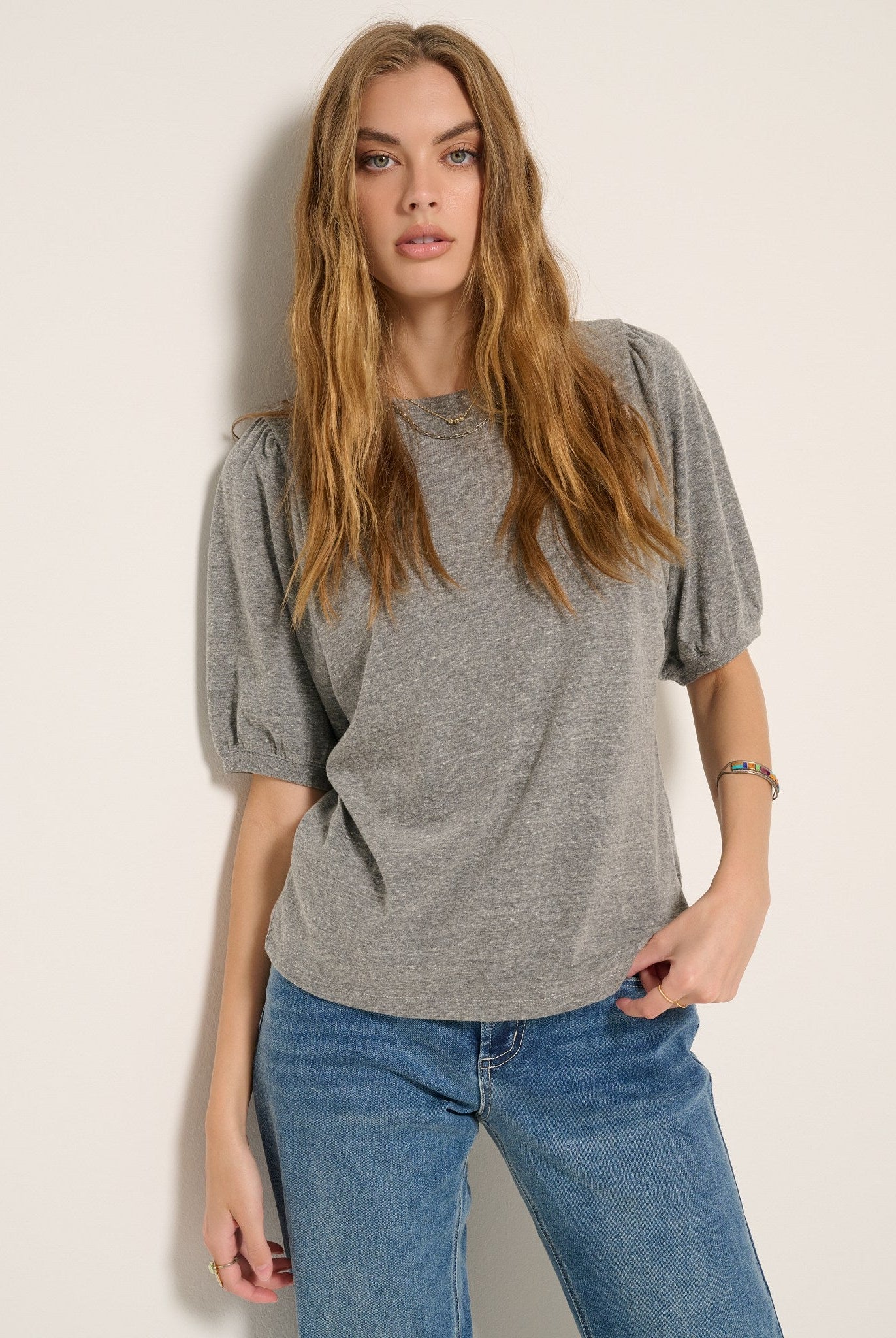 Heather Grey $|& SEAS Meadow Shirred Sleeve Tee - SOF Front