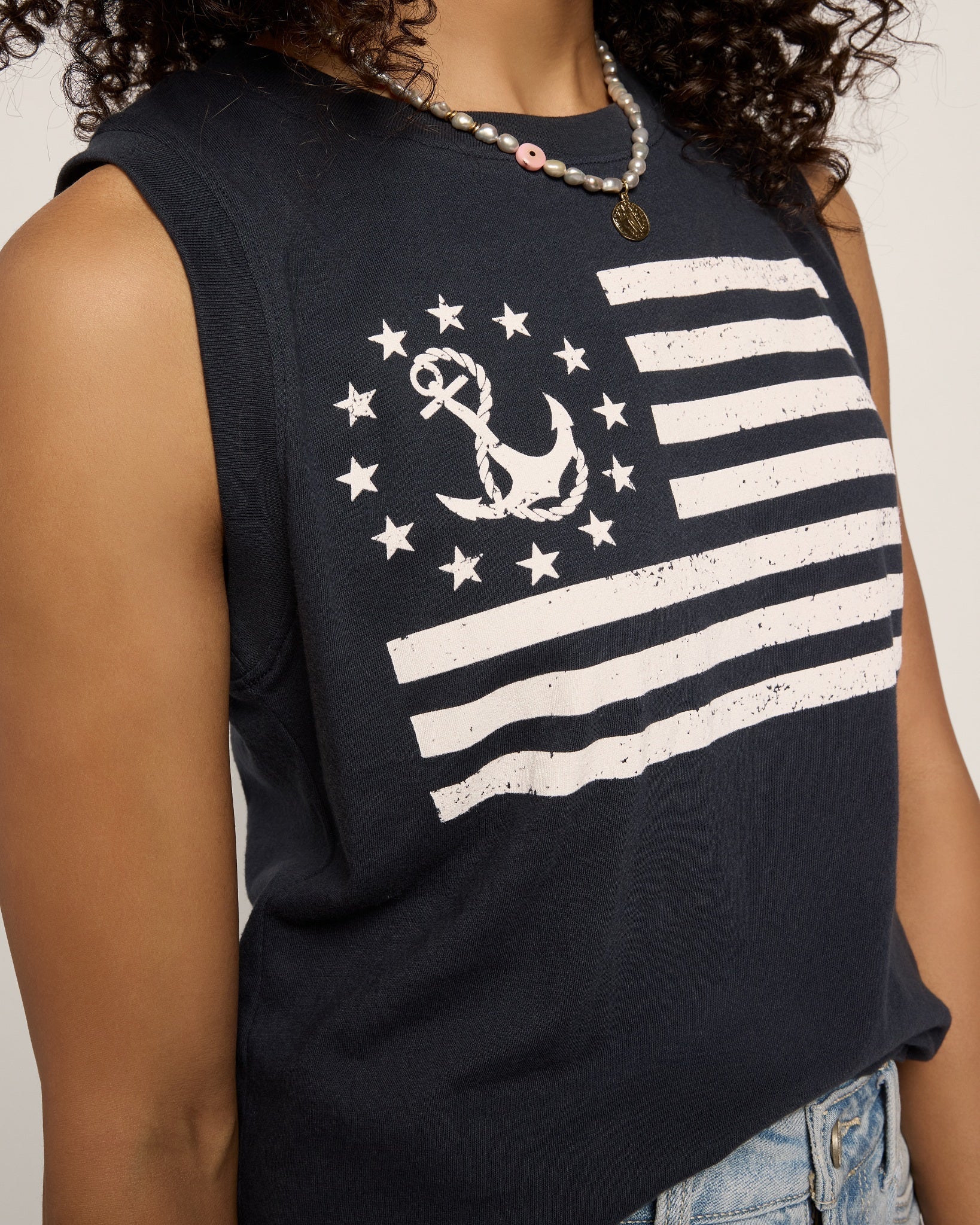 Mariner Midnight $|& SEAS Daisy Muscle Tank "NAUTICAL FLAG" - SOF Full Front