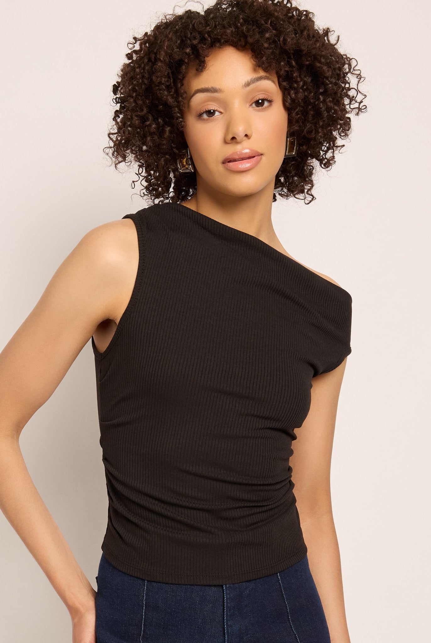 Black $|& SEAS Eden Pleated One Shoulder Top - SOF Front