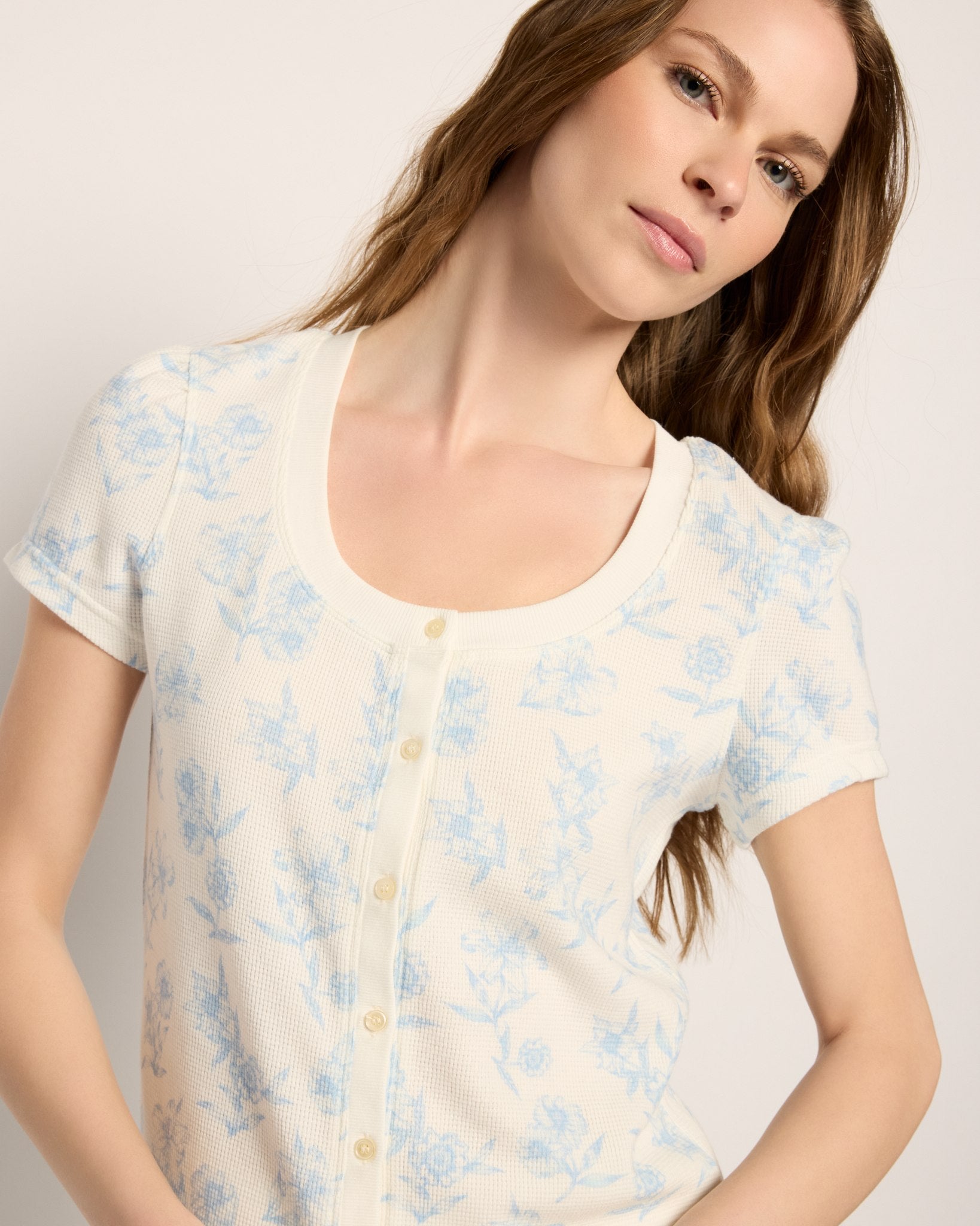 Pool Blue $|& SEAS Snuggle Up Button Front Top - SOF Full Front
