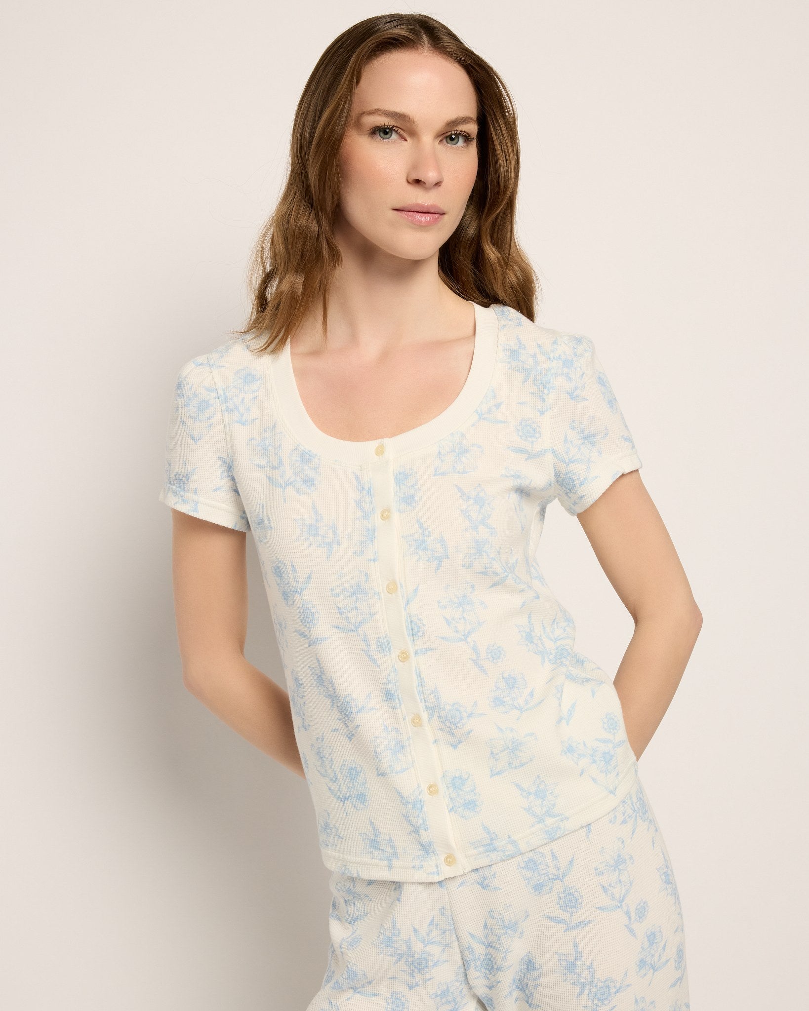 Pool Blue $|& SEAS Snuggle Up Button Front Top - SOF Front