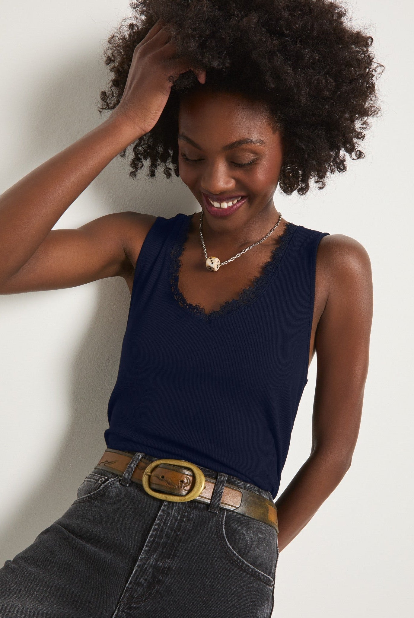 Navy $|& SEAS Whitecap Lace Trim Tank - VOF Side