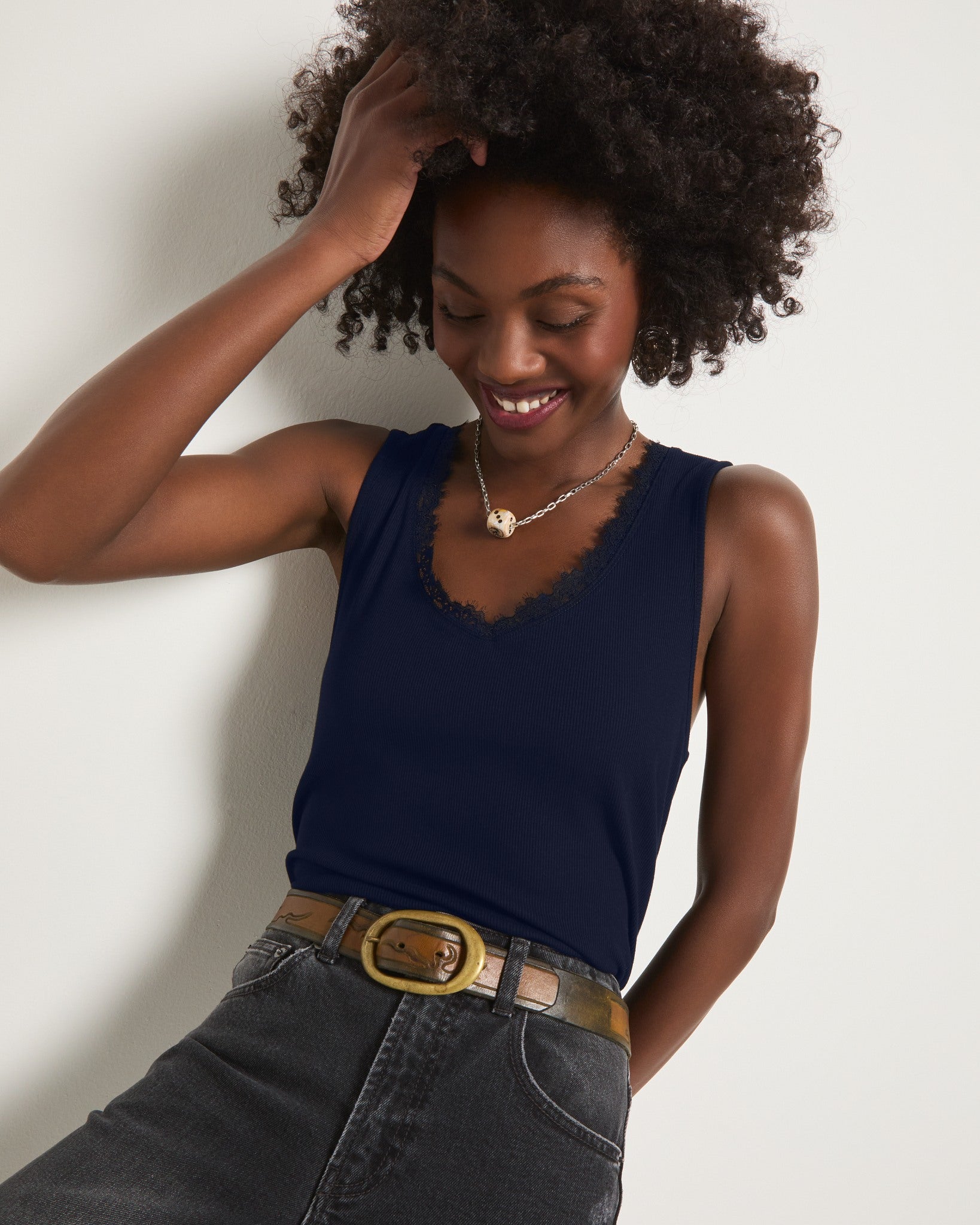 Navy $|& SEAS Whitecap Lace Trim Tank - VOF Side