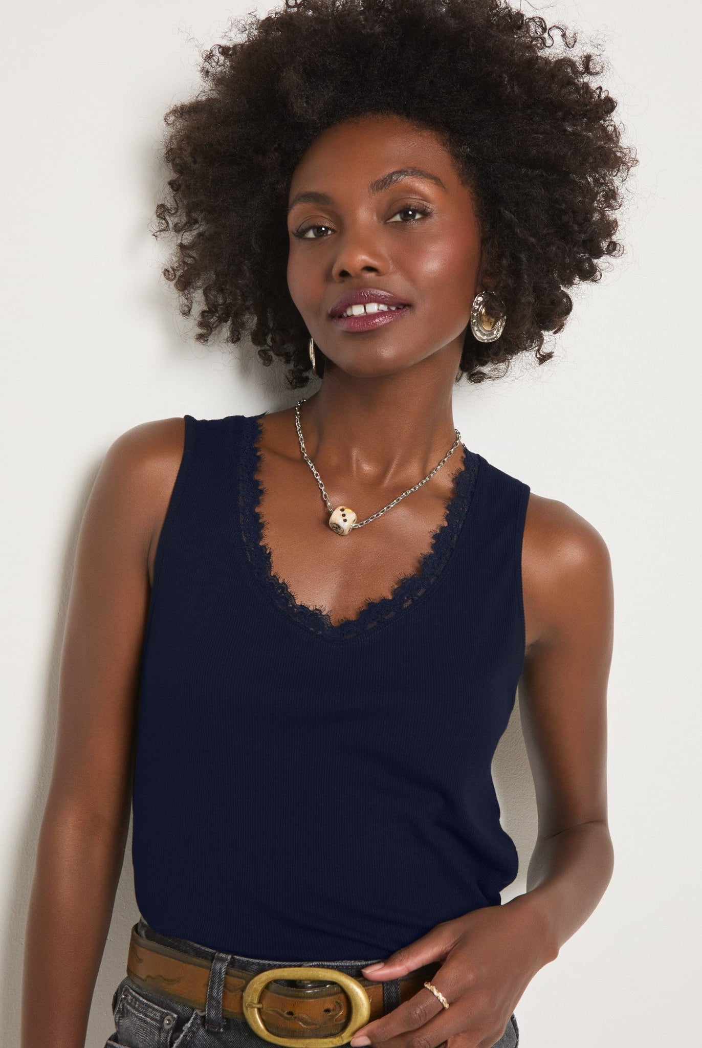 Navy $|& SEAS Whitecap Lace Trim Tank - SOF Front