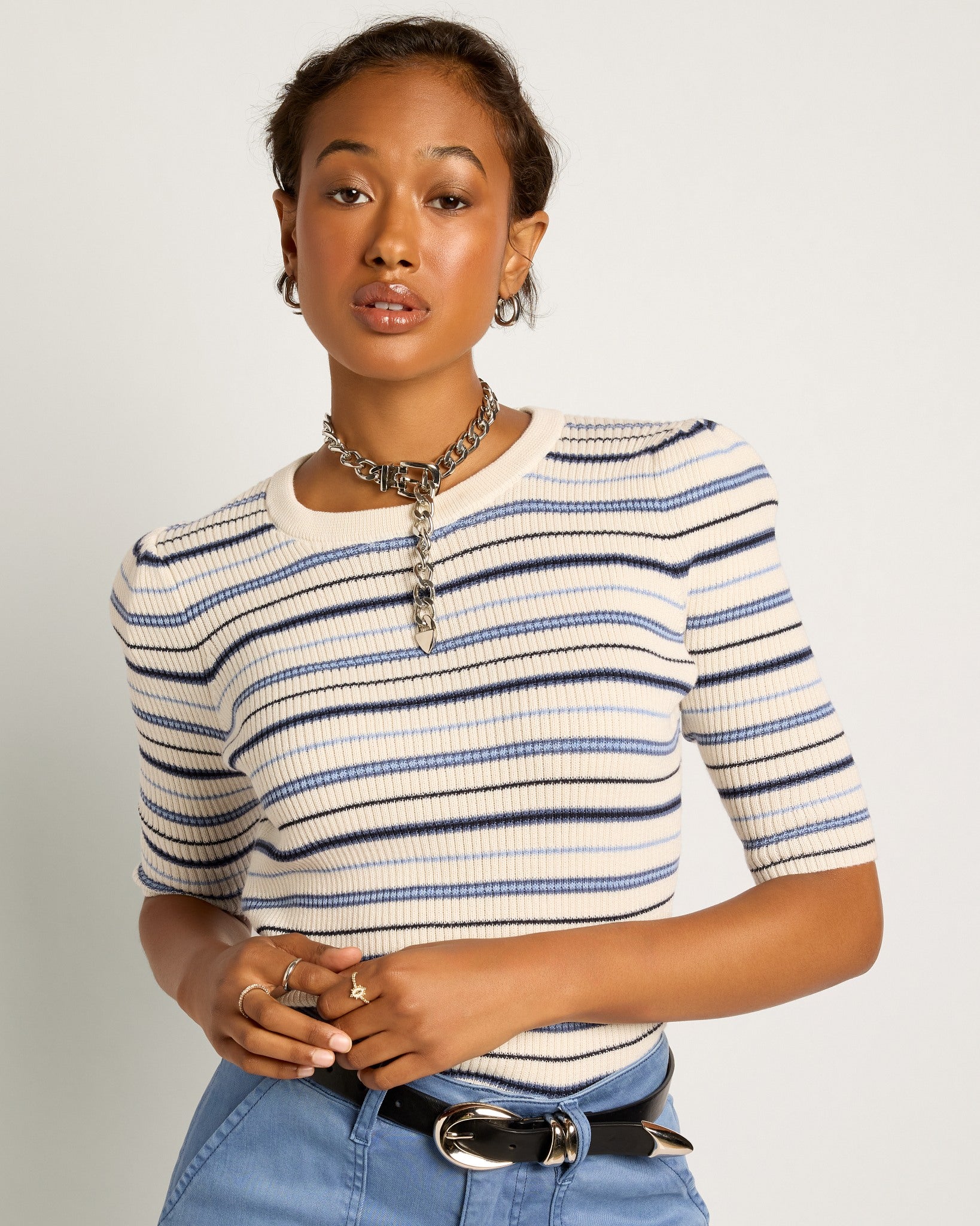 Cream Stripe $|& SEAS Amelia Elbow Sleeve Striped Sweater Top - SOF Front