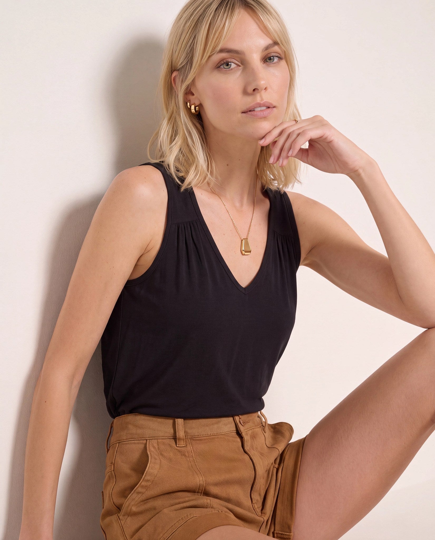 Black $|& SEAS Sammi Pleat Tank - VOF Front