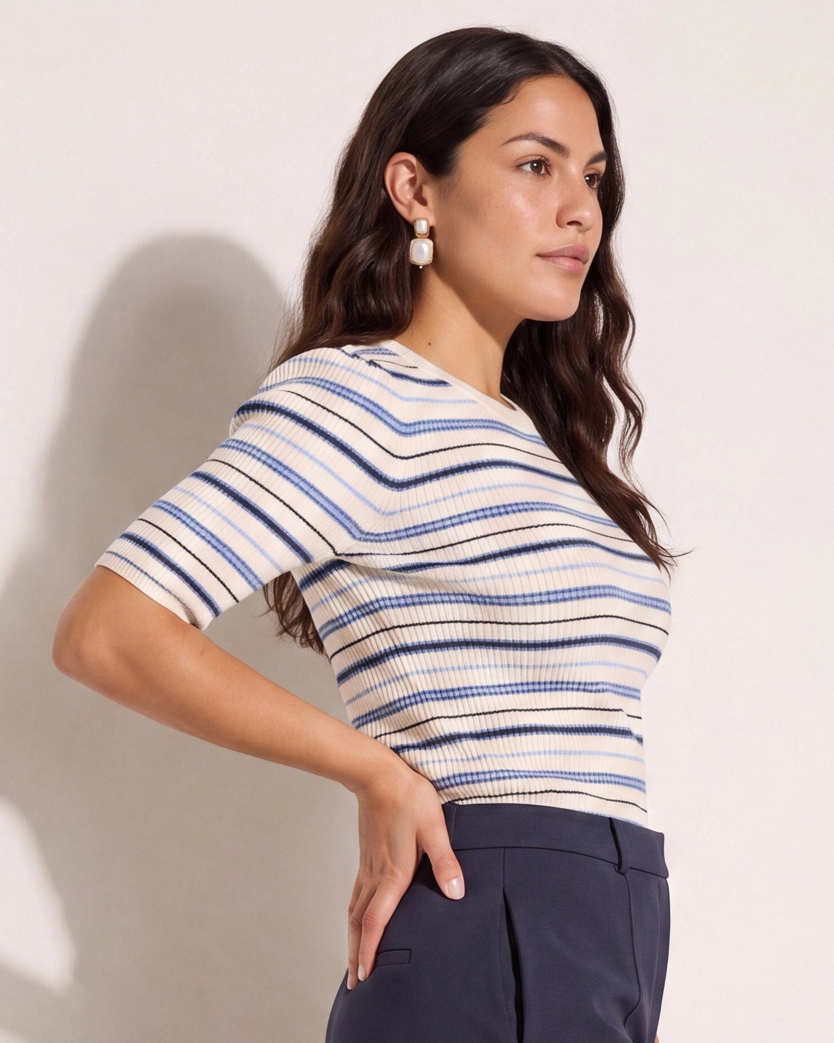 Cream Stripe $|& SEAS Amelia Elbow Sleeve Striped Sweater Top - VOF Front