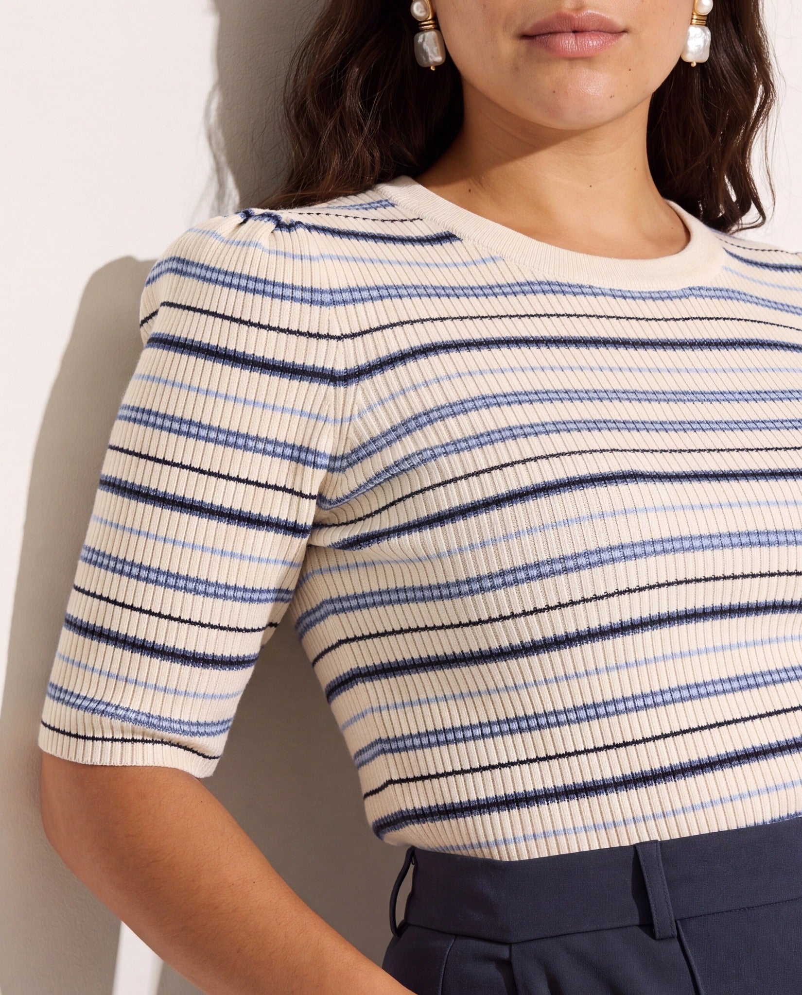 Cream Stripe $|& SEAS Amelia Elbow Sleeve Striped Sweater Top - SOF Full Front