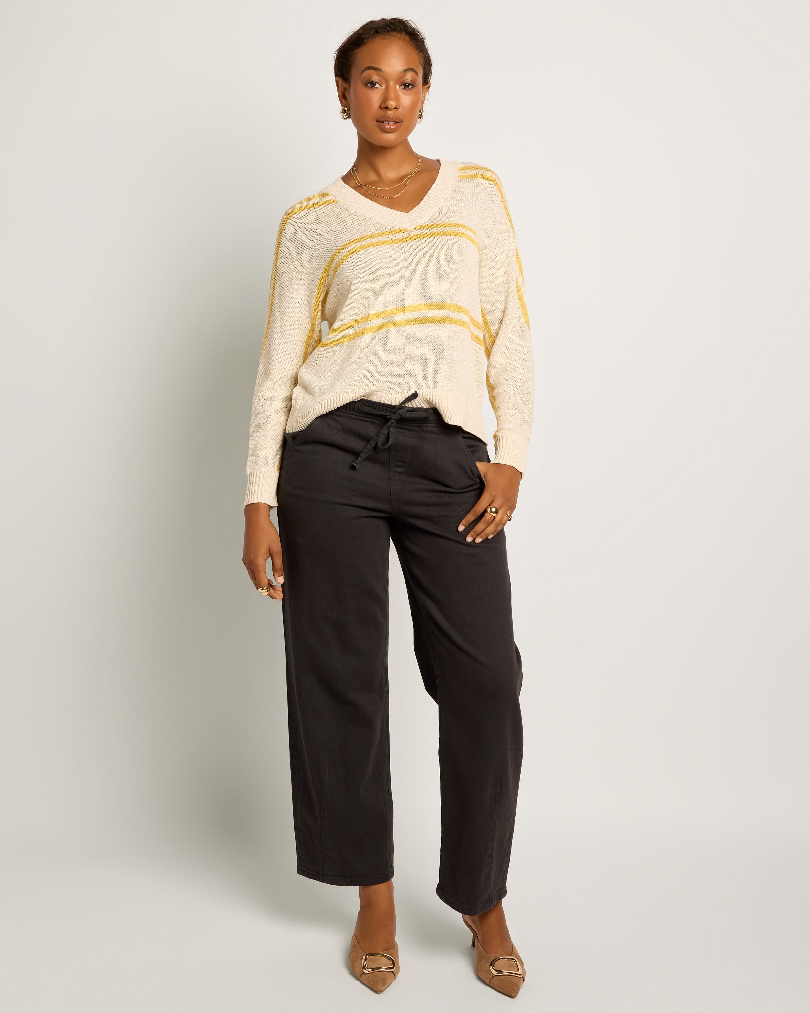Cream/Saffron Stripe $|& SEAS Mila Striped V-Neck Sweater - UGC On Fig