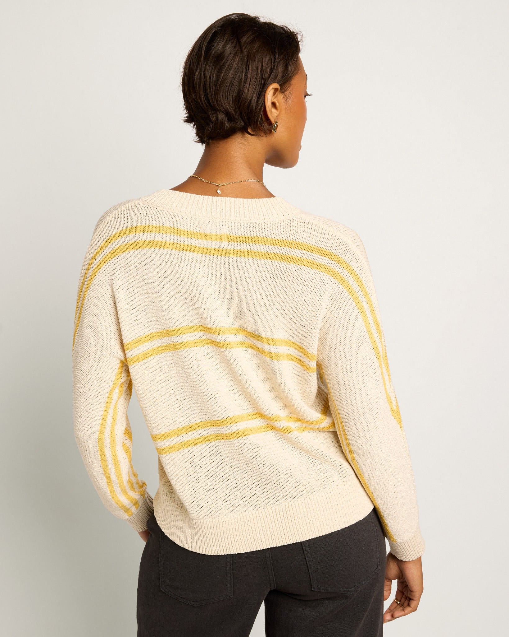 Cream/Saffron Stripe $|& SEAS Mila Striped V-Neck Sweater - SOF Back