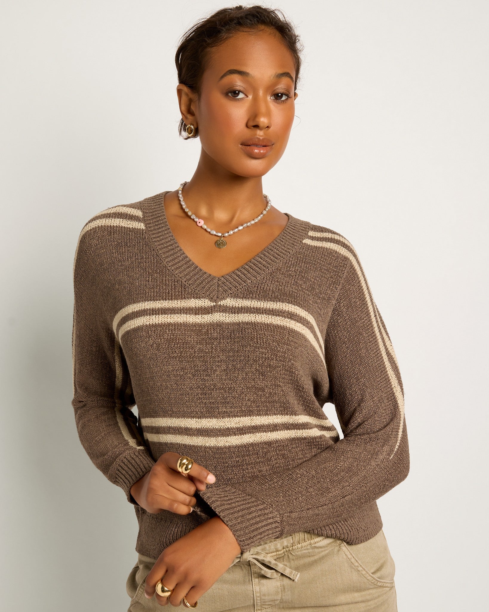 Ashwood/Grey Stripe $|& SEAS Mila Striped V-Neck Sweater - SOF Front
