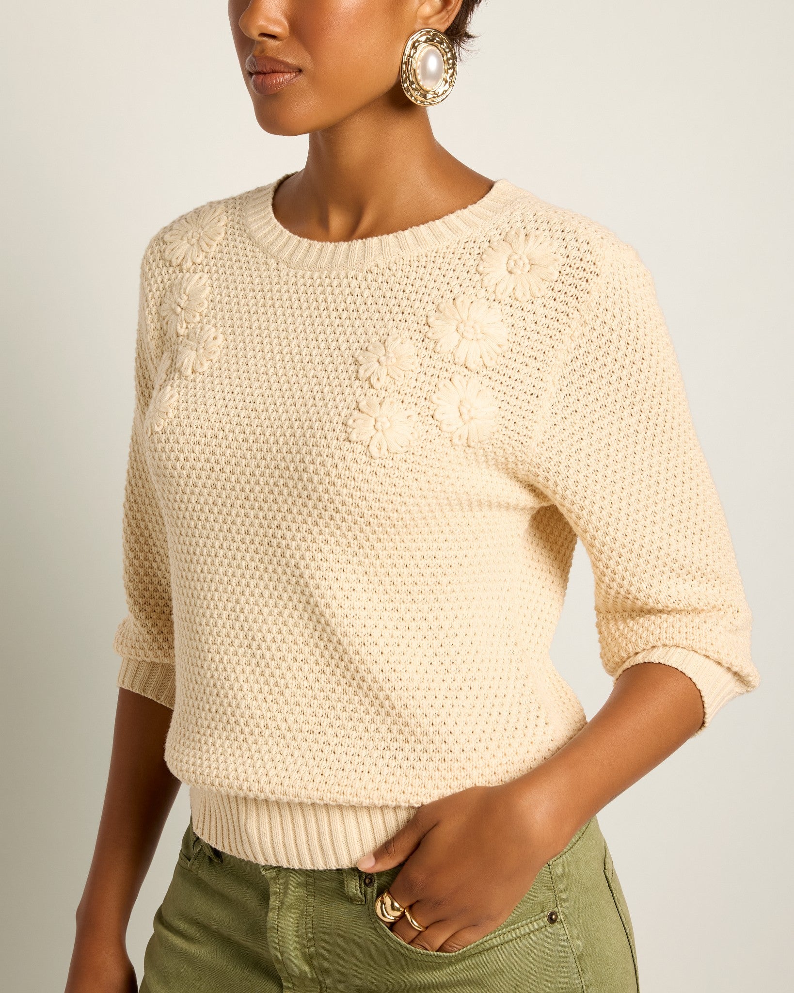 Cream $|& SEAS Penelope 3/4 Sleeve Sweater - VOF Front