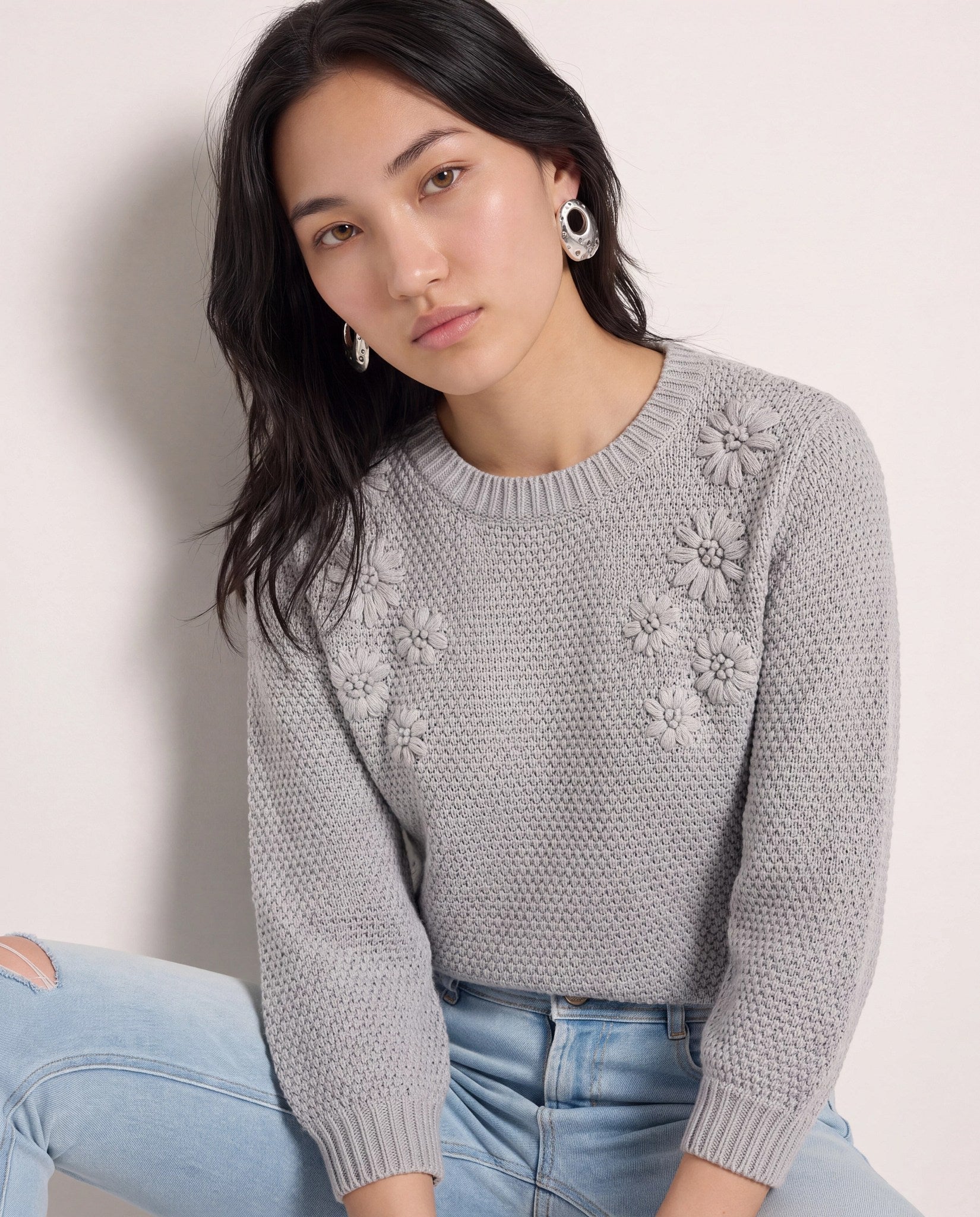 Heather Grey $|& SEAS Penelope 3/4 Sleeve Sweater - VOF Front