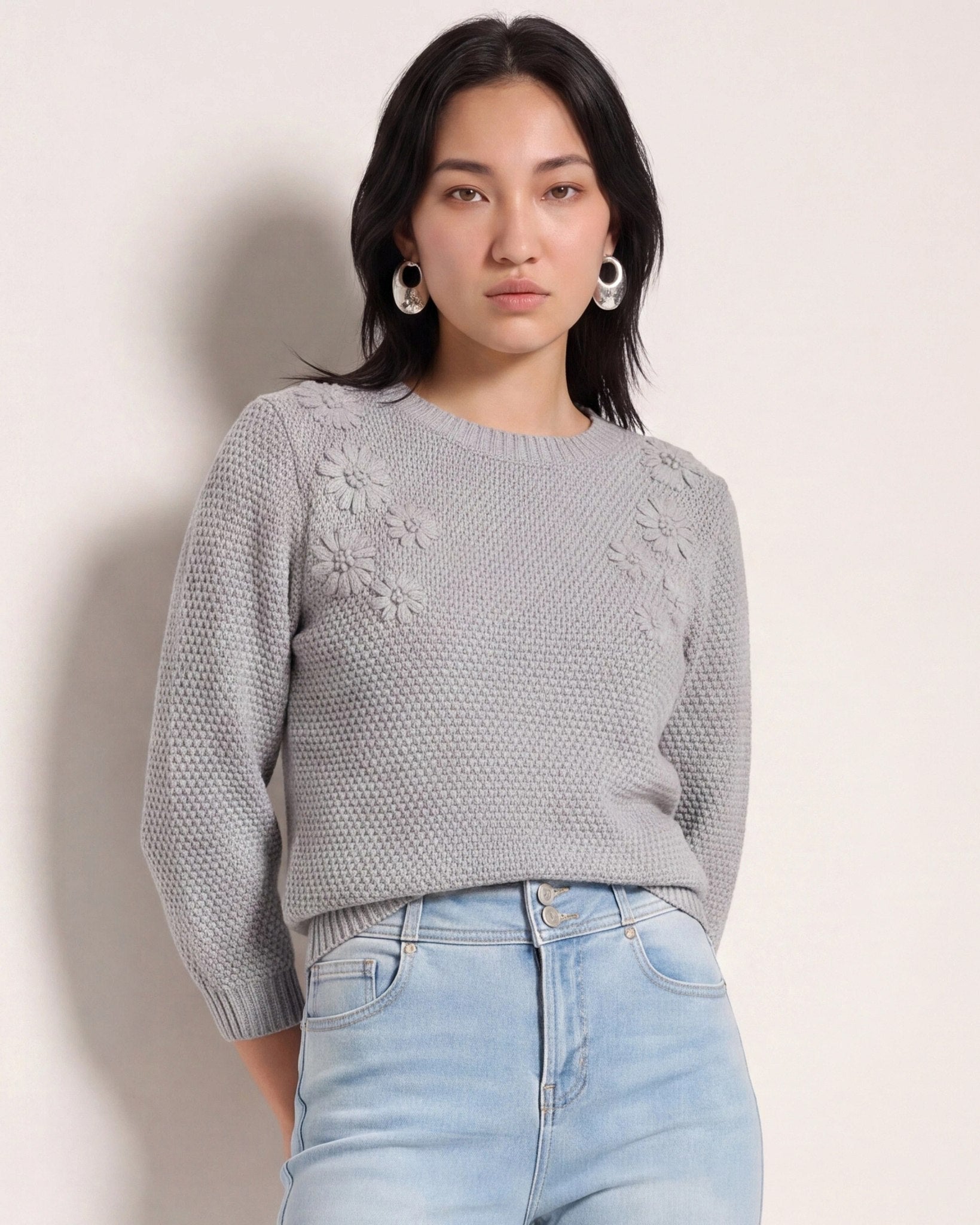 Heather Grey $|& SEAS Penelope 3/4 Sleeve Sweater - SOF Front