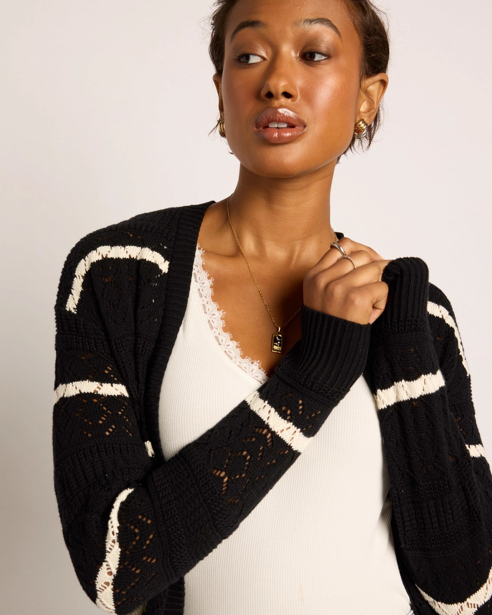 Black/Cream $|& SEAS Shore Pocket Cardigan - VOF Front
