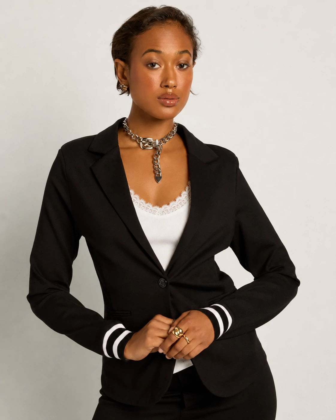 Black $|& SEAS Abigail Ribbed Cuff Blazer - SOF Front