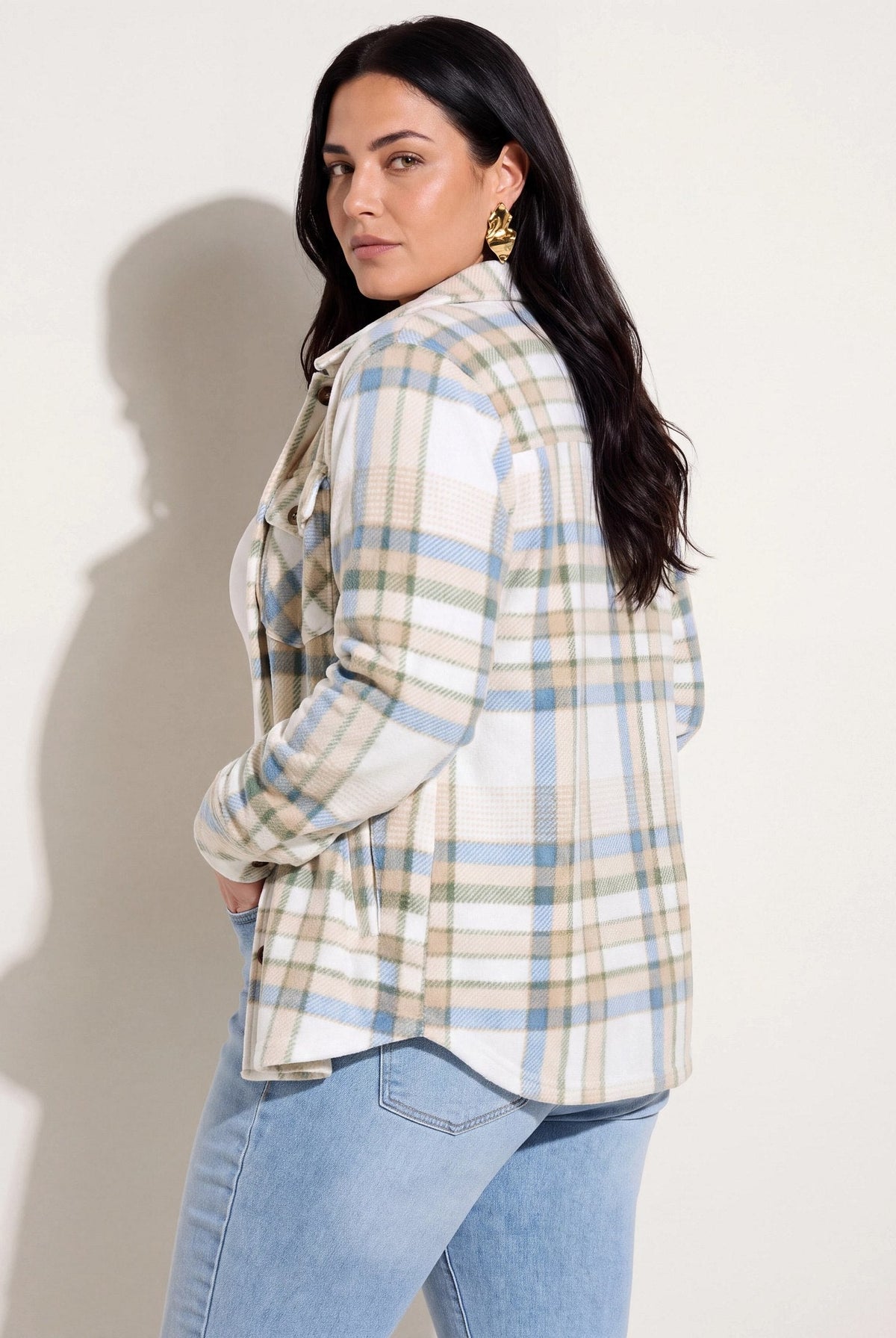 Ivory Plaid $|& SEAS Geena Microfleece Shacket - SOF Back
