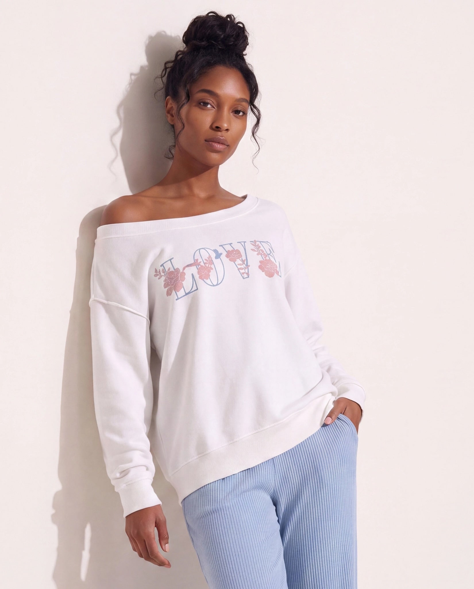 White $|& SEAS Pillow Talk Off Shoulder Sweatshirt - SOF Front