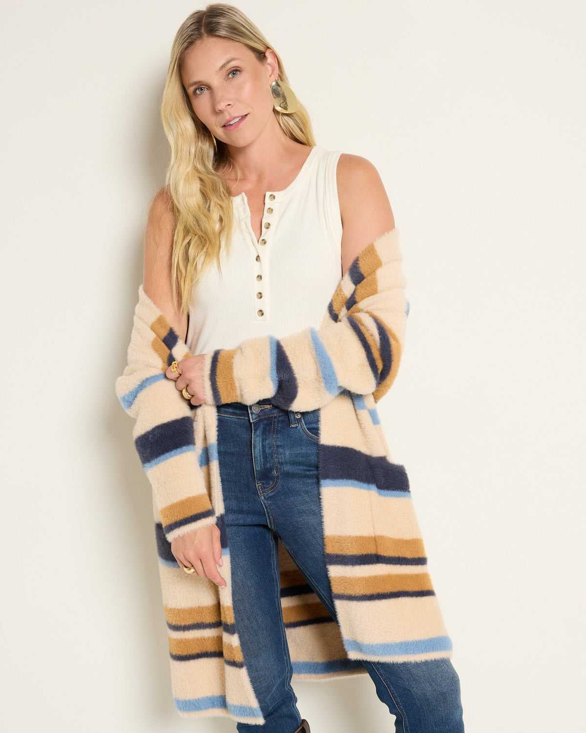Almond Stripe $|& SEAS Raven Sweater Coatigan - VOF Front