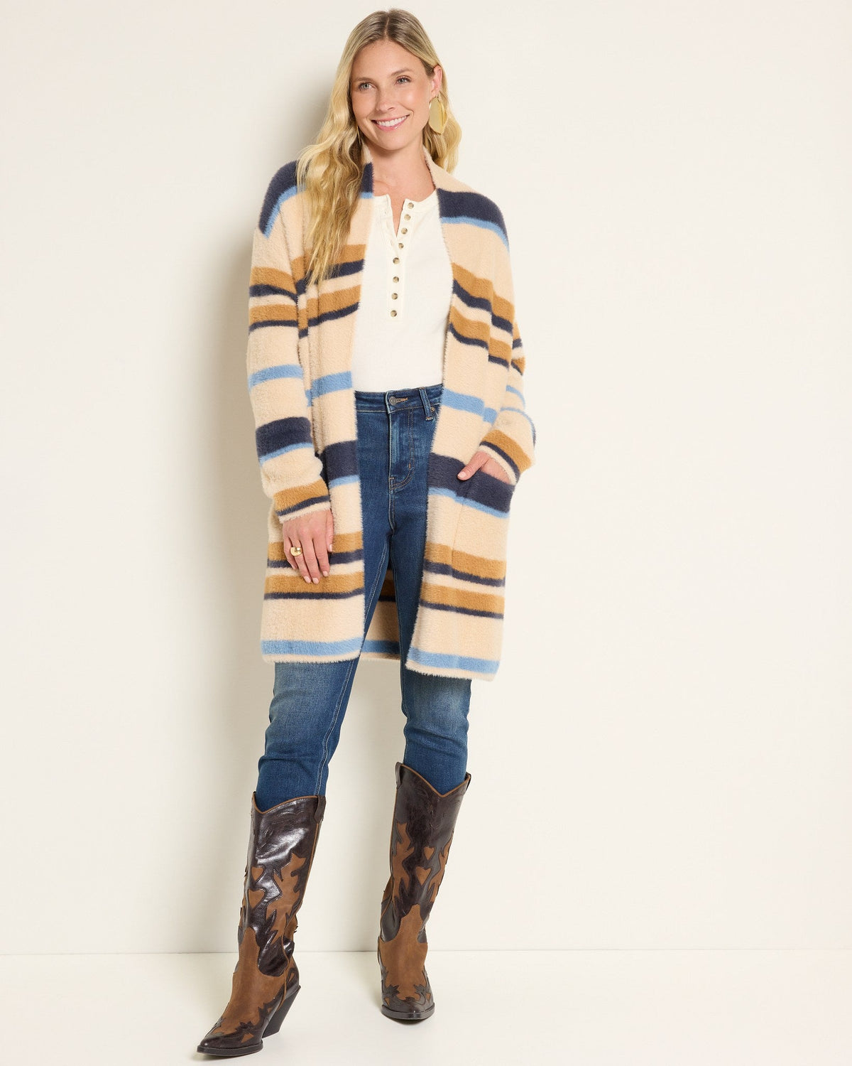 Almond Stripe $|& SEAS Raven Sweater Coatigan - UGC On Fig