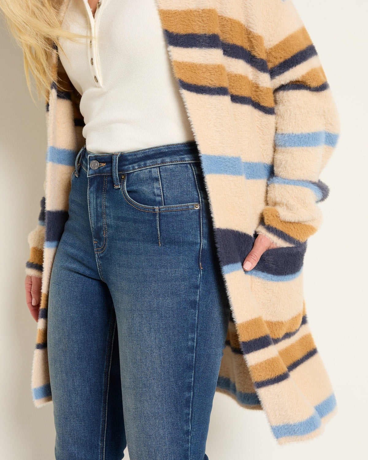 Almond Stripe $|& SEAS Raven Sweater Coatigan - SOF Full Front