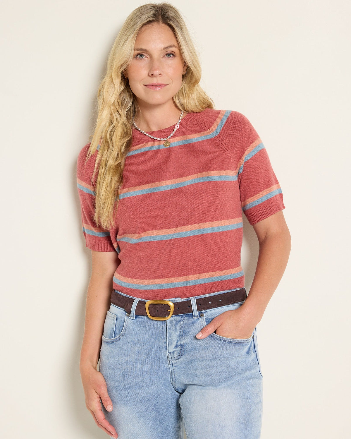 Red Earth Stripe $|& SEAS Amelie Raglan Sweater Top - SOF Front