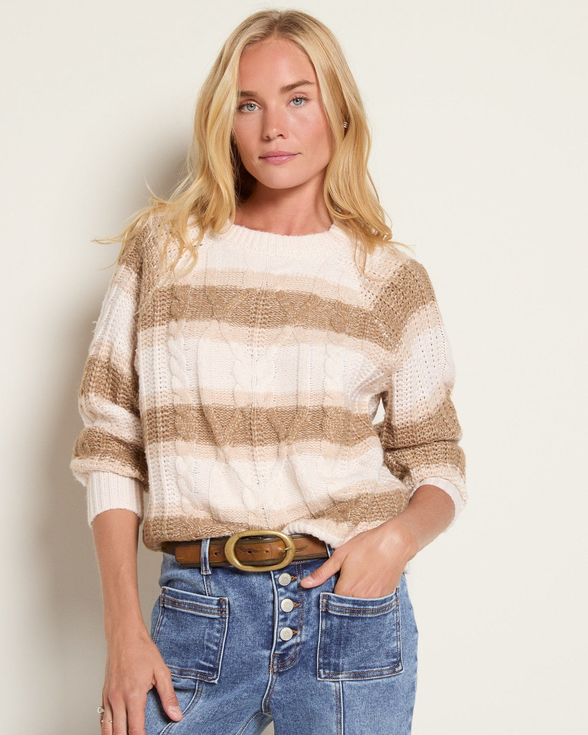 Almond Wet Sand $|& SEAS Straya Cable Knit Sweater - SOF Front