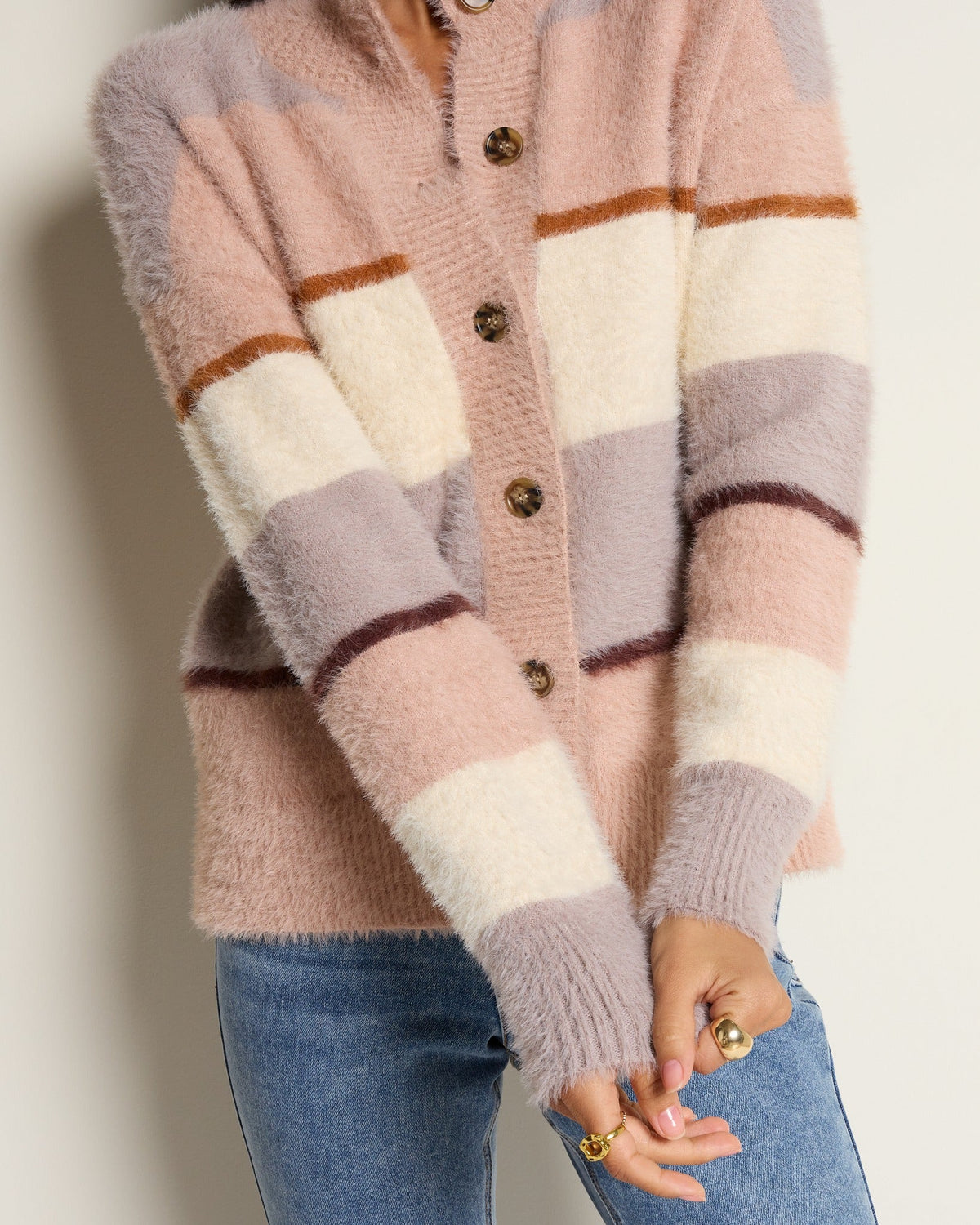 Almond Multi Stripe $|& SEAS Aster Stripe Turtleneck Cardigan - VOF Front