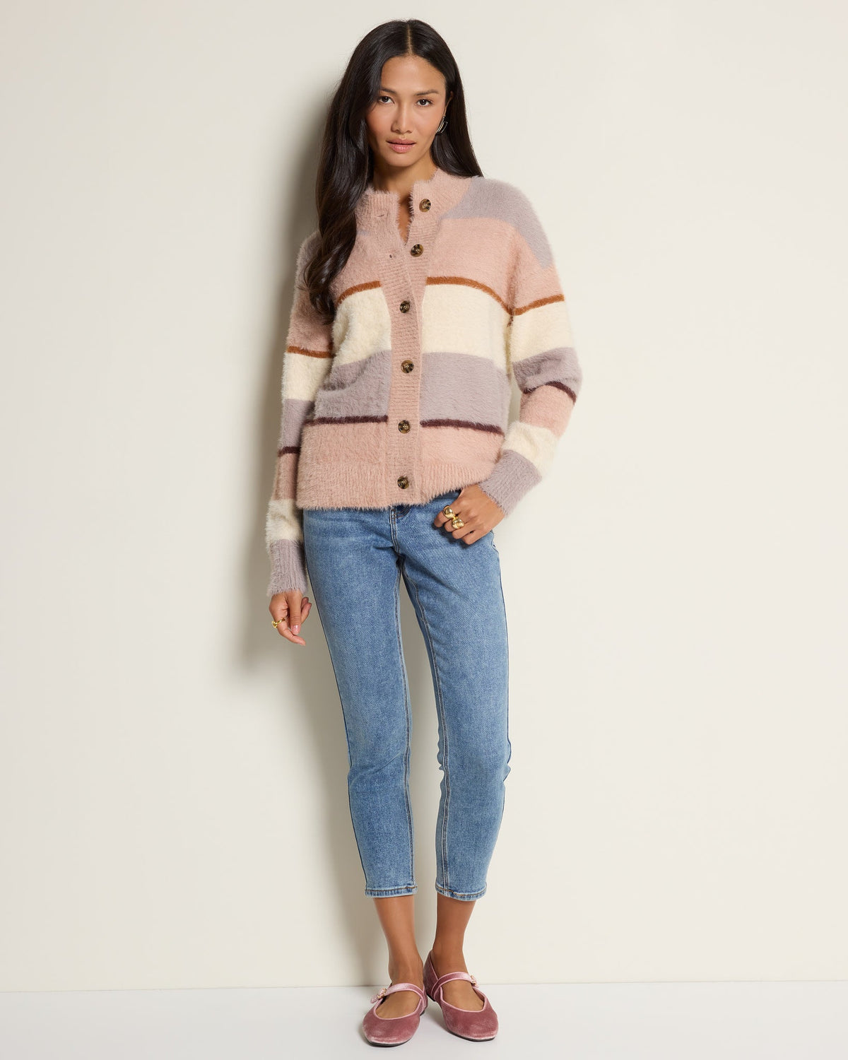 Almond Multi Stripe $|& SEAS Aster Stripe Turtleneck Cardigan - UGC On Fig