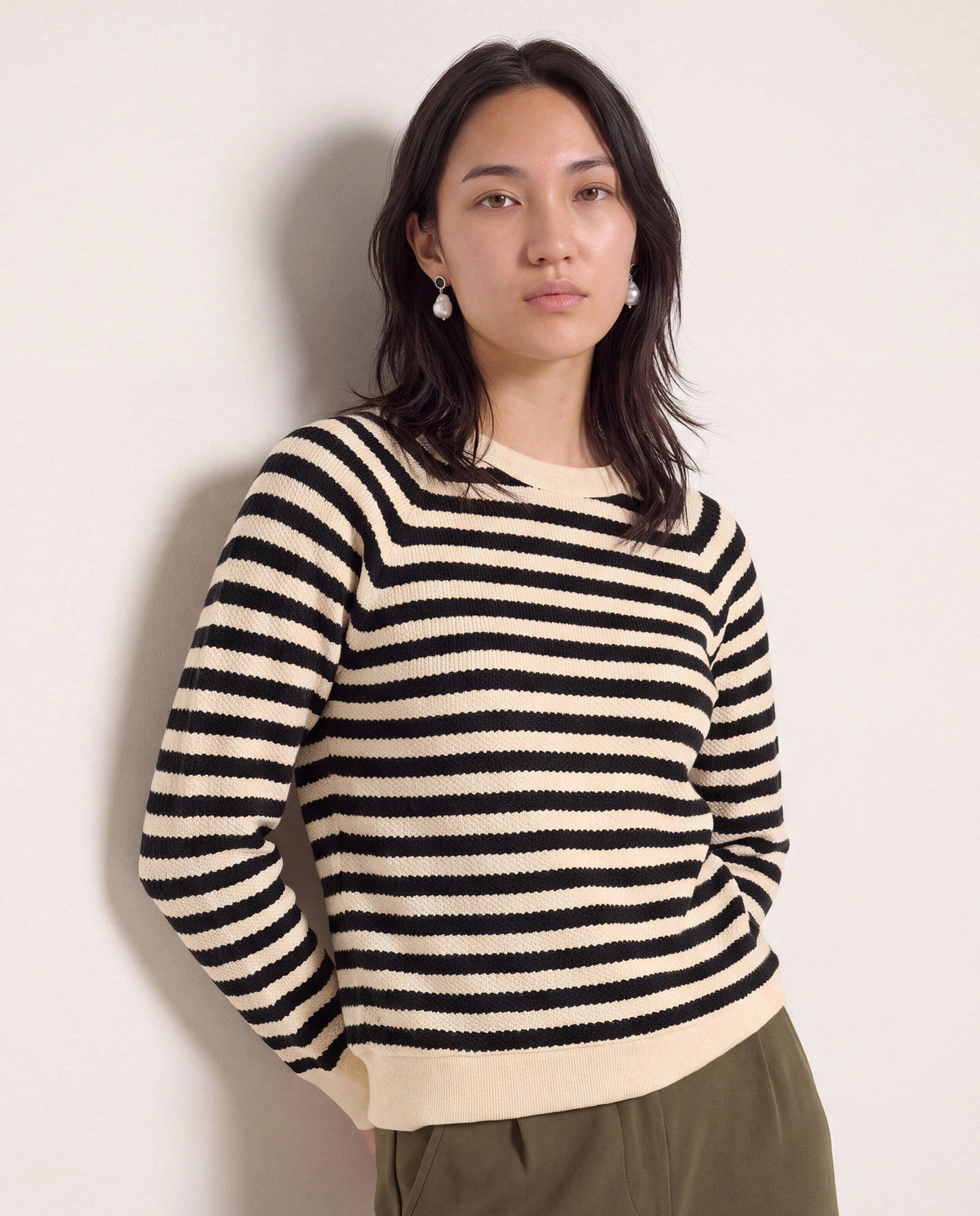 Ivory Black Stripe $|& SEAS Brisa Raglan Striped Long Sleeve Top - SOF Front