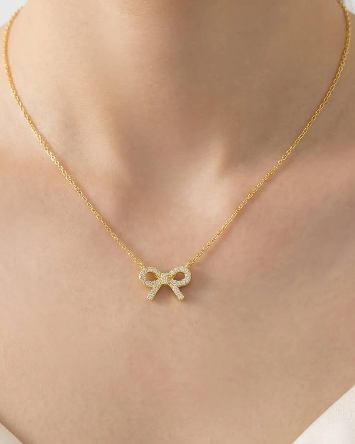 Gold $|& Fame Accessories Gold Dipped Cz Stud Ribbon Bow Pendant Necklace - VOF Detail