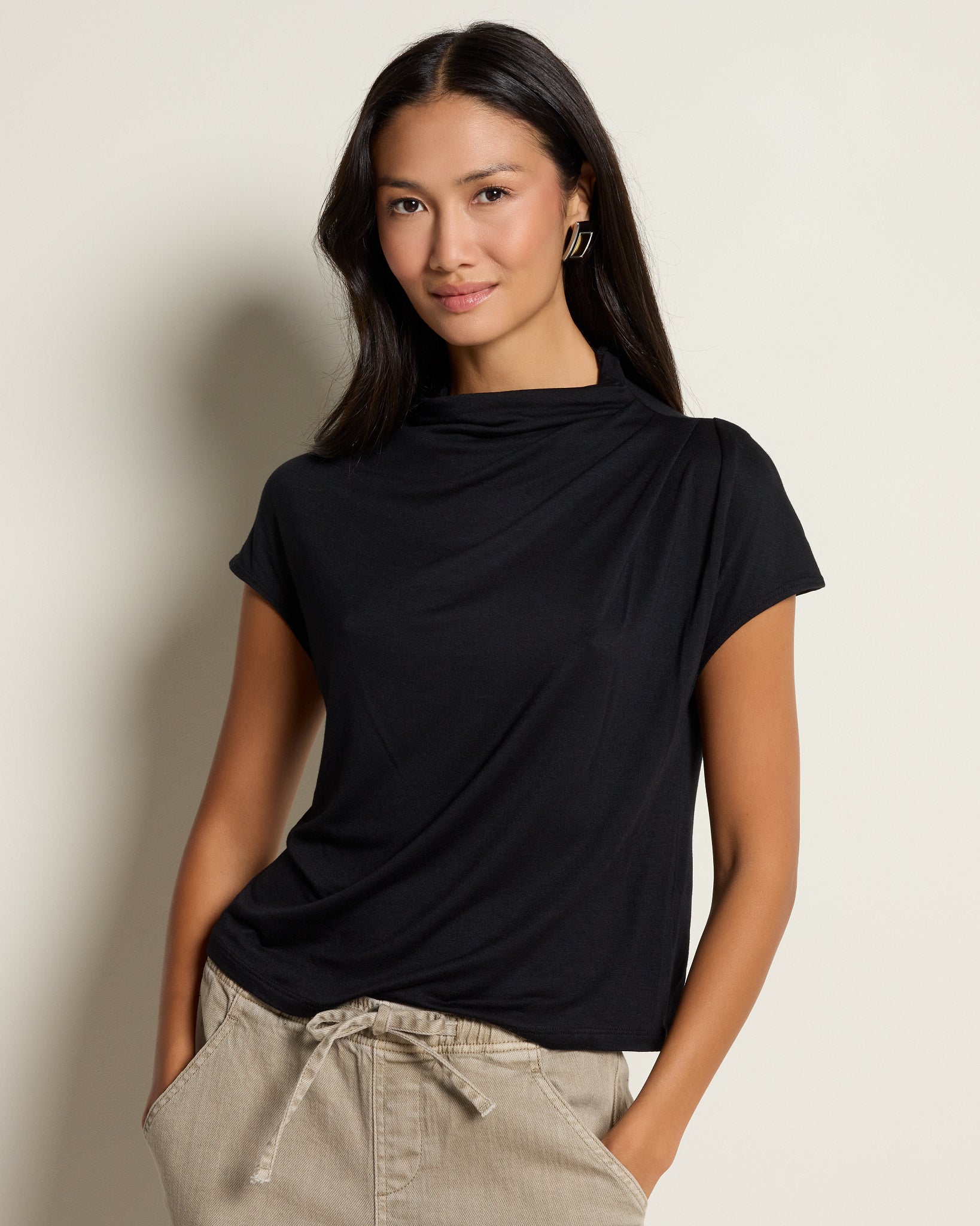 Black $|& SEAS Ariana Draped Mock Neck Top - SOF Front