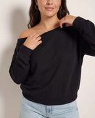 Black $|& SEAS Brooksville One Shoulder Sweatshirt - SOF Full Front
