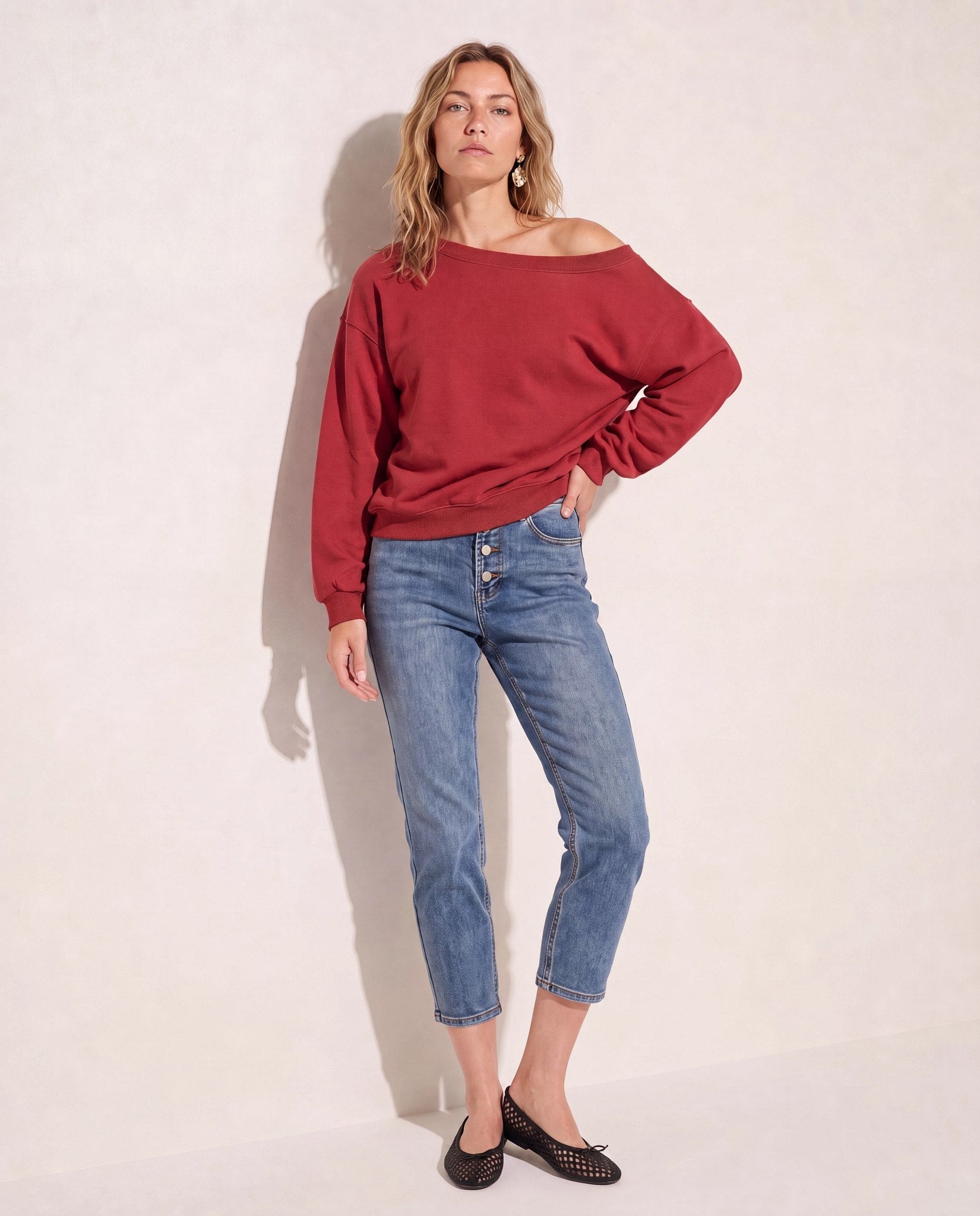 Rosewood $|& SEAS Brooksville One Shoulder Sweatshirt - SOF Full Front