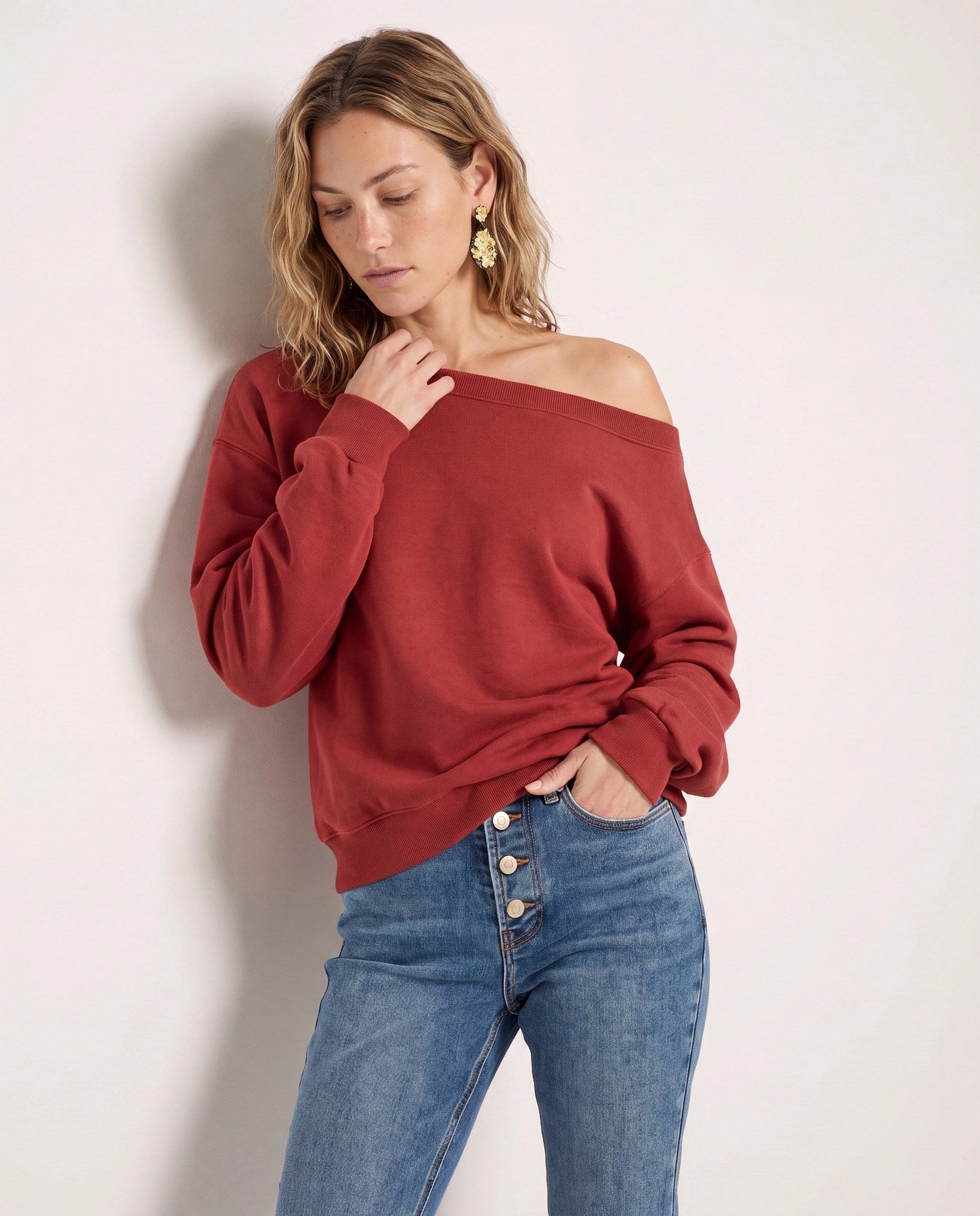Rosewood $|& SEAS Brooksville One Shoulder Sweatshirt - SOF Front