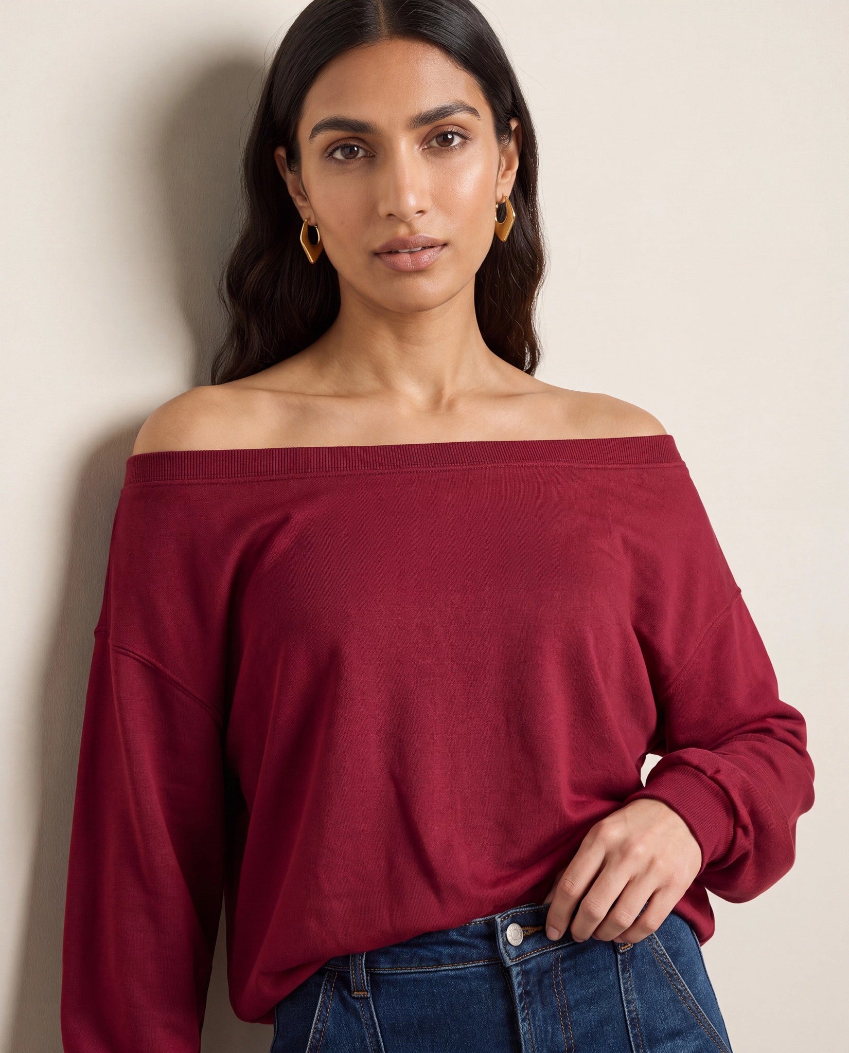 Cabernet $|& SEAS Brooksville One Shoulder Sweatshirt - SOF Back