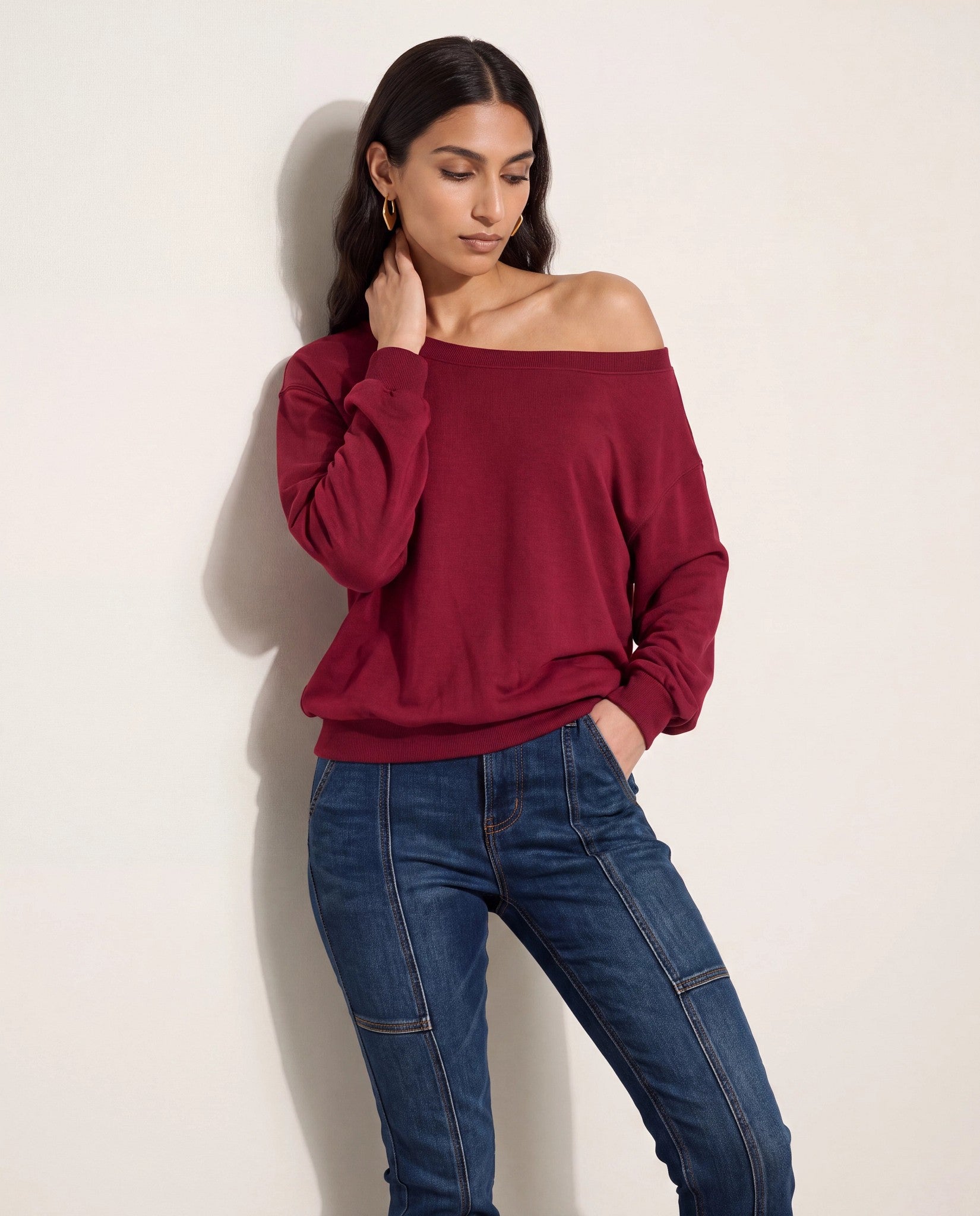 Cabernet $|& SEAS Brooksville One Shoulder Sweatshirt - SOF Front