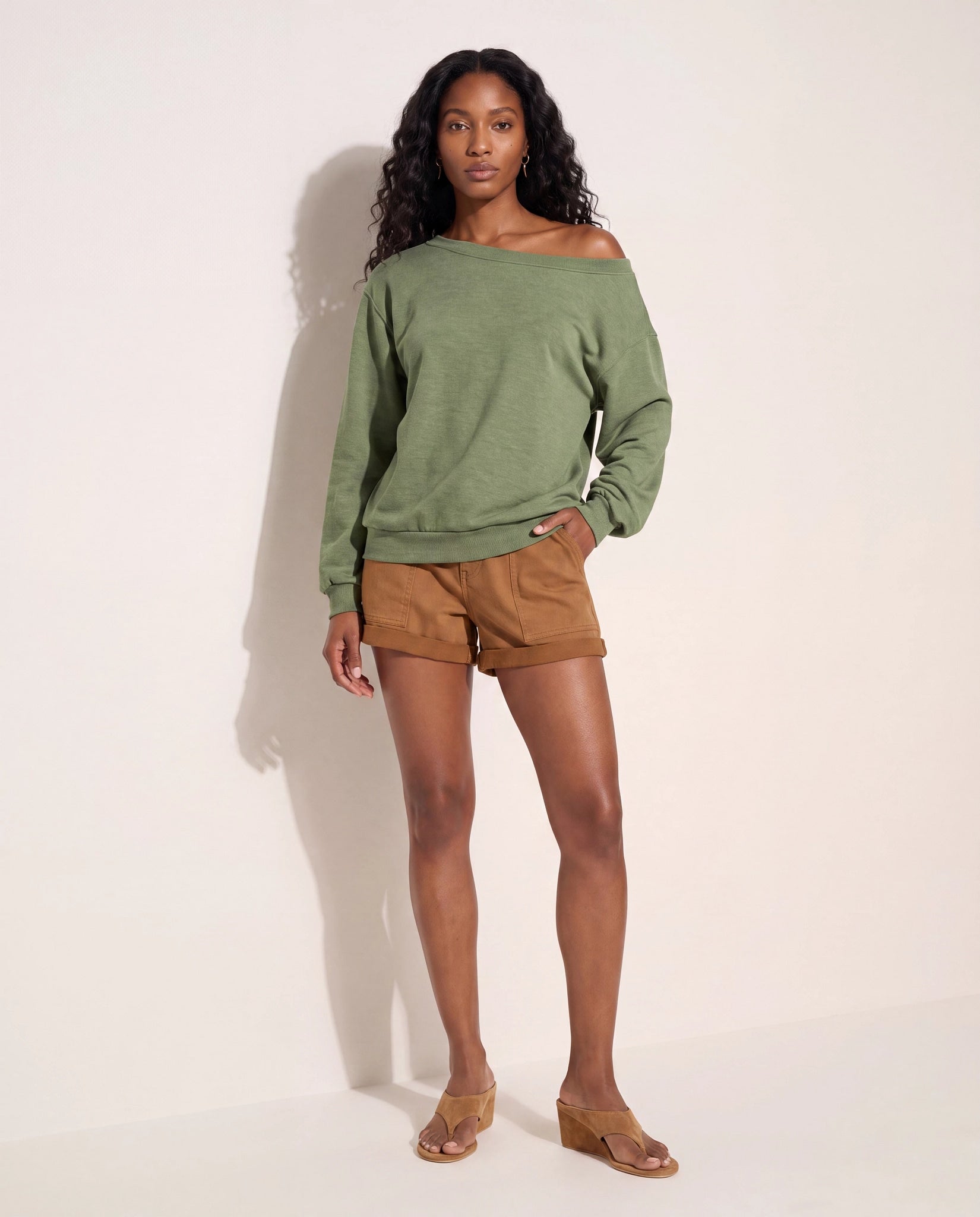 Light Olive $|& SEAS Brooksville One Shoulder Sweatshirt - SOF Back