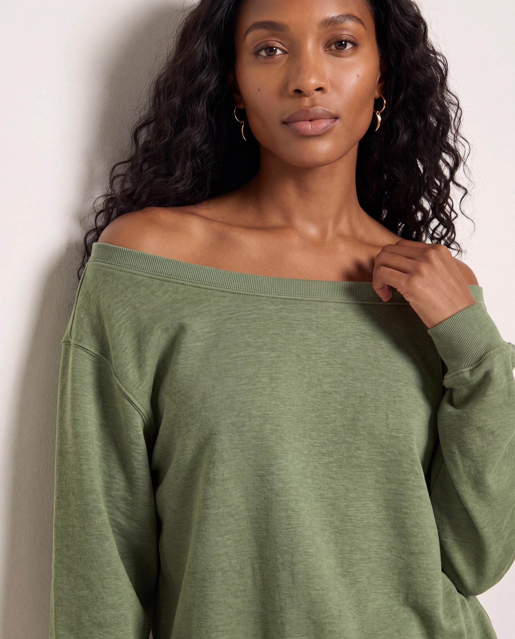 Light Olive $|& SEAS Brooksville One Shoulder Sweatshirt - SOF Full Front