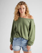 Light Olive $|& SEAS Brooksville One Shoulder Sweatshirt - SOF Front