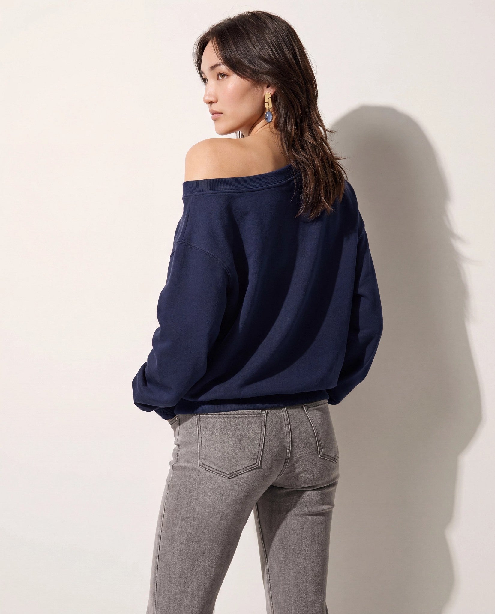 Navy $|& SEAS Brooksville One Shoulder Sweatshirt - SOF Back