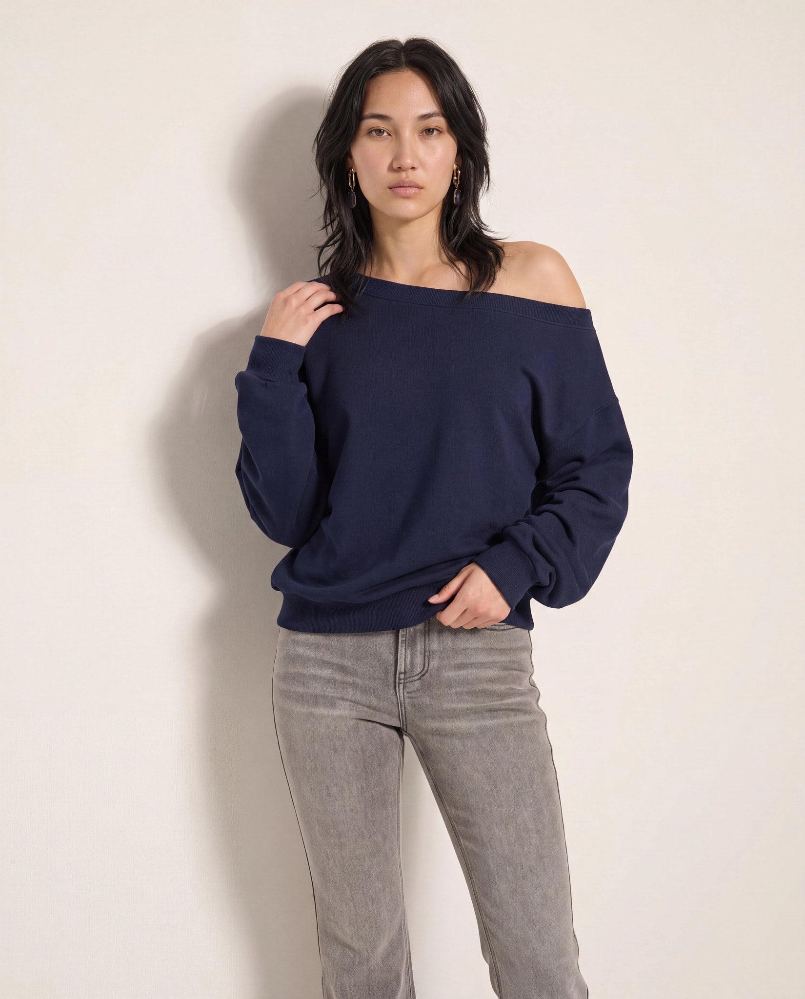 Navy $|& SEAS Brooksville One Shoulder Sweatshirt - SOF Front