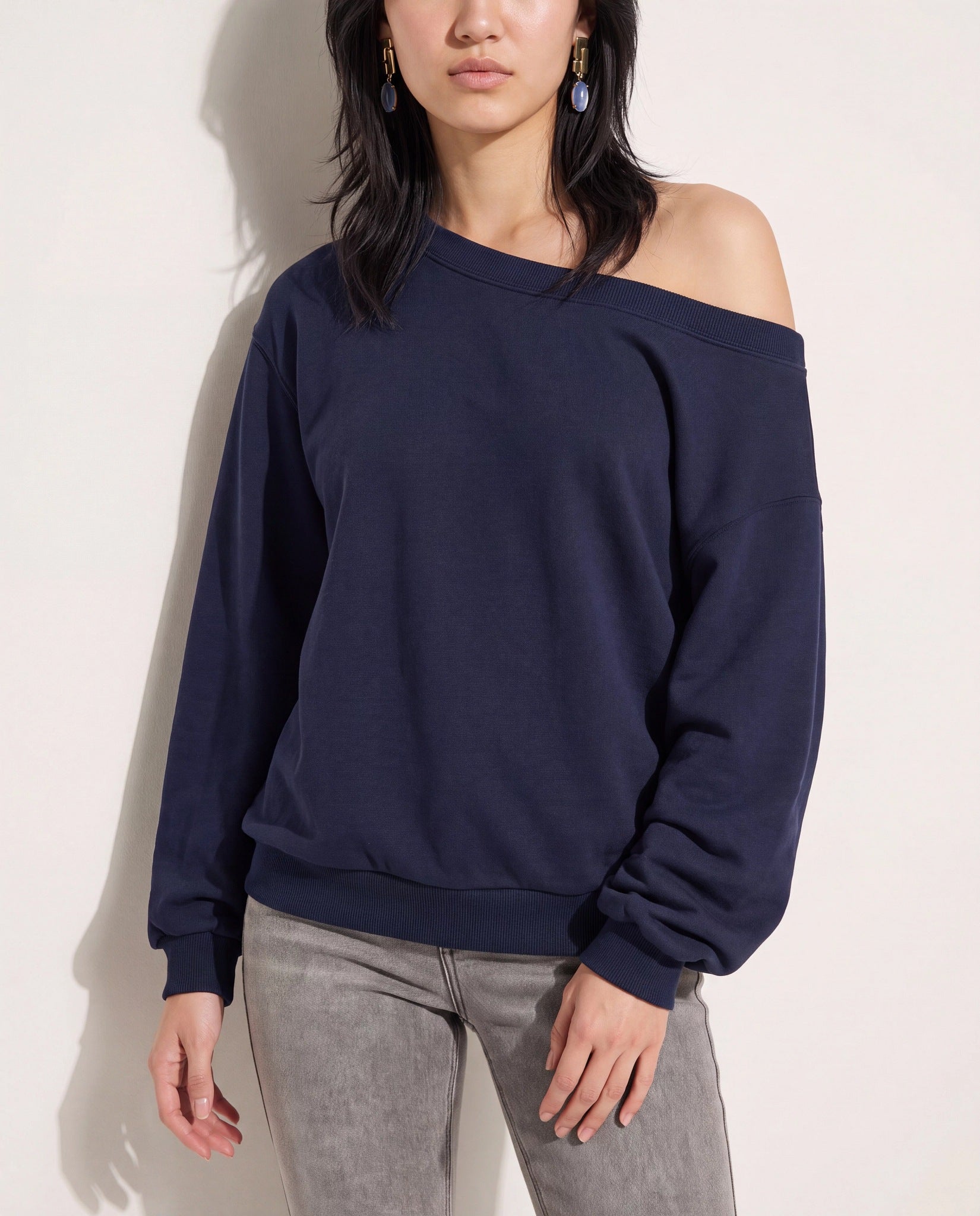 Navy $|& SEAS Brooksville One Shoulder Sweatshirt - SOF Full Front