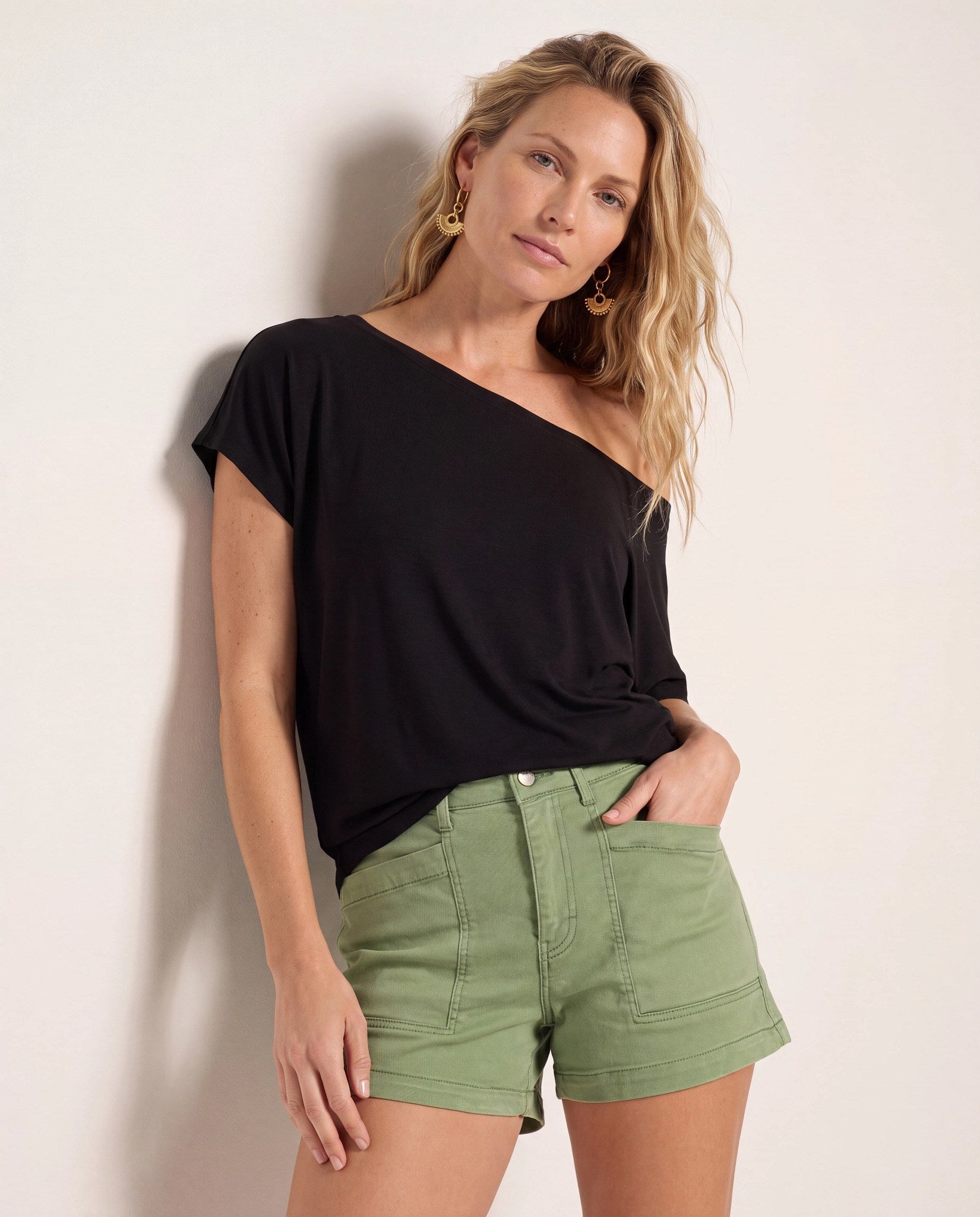 Black $|& SEAS Edgewater Off The Shoulder Tee - SOF Front