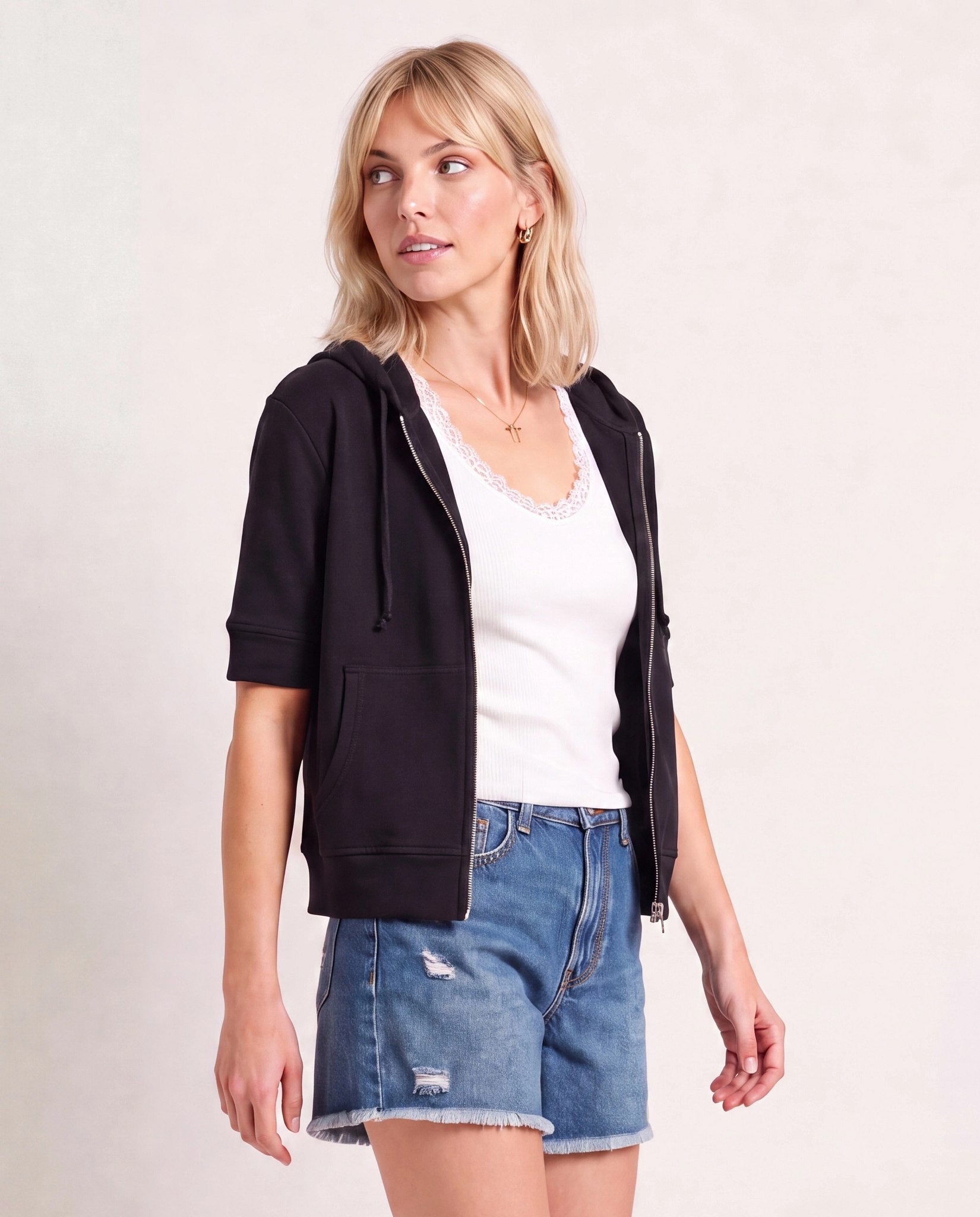 Black $|& SEAS Short Sleeve Fleece Zip Up - SOF Front