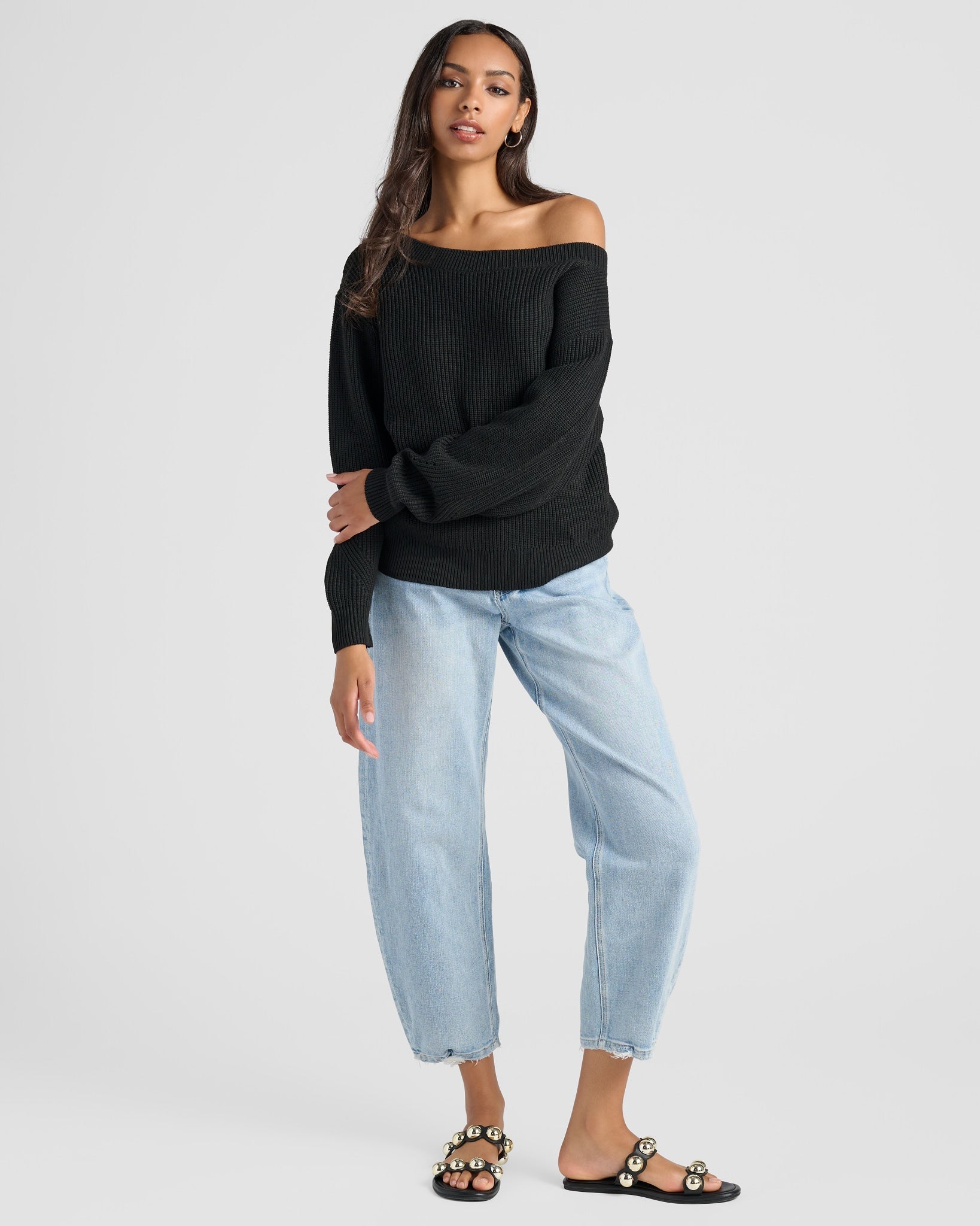 Black $|& SEAS Coastal One Shoulder Sweater - SOF Full Front