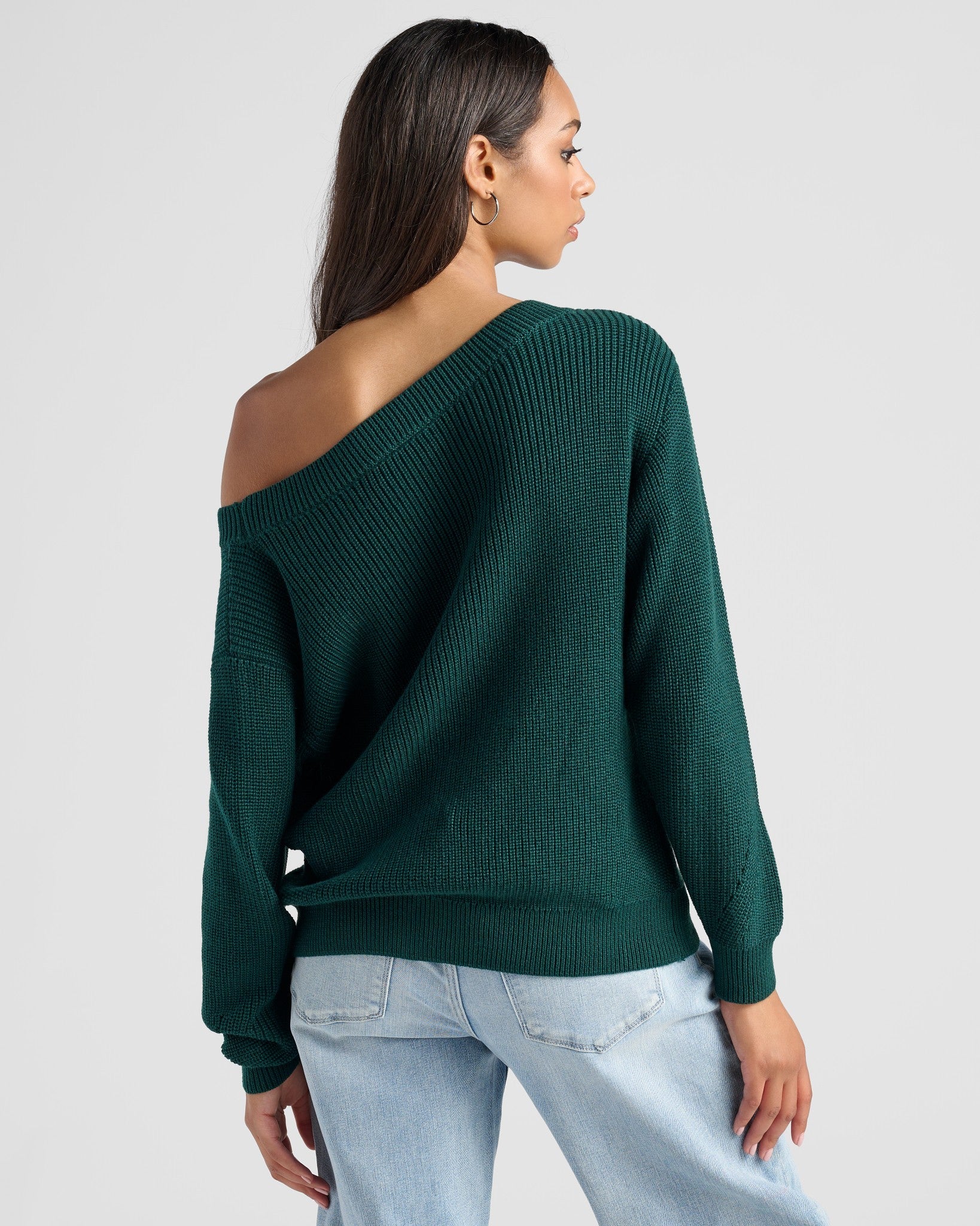 Hunter Green $|& SEAS Coastal One Shoulder Sweater - SOF Back